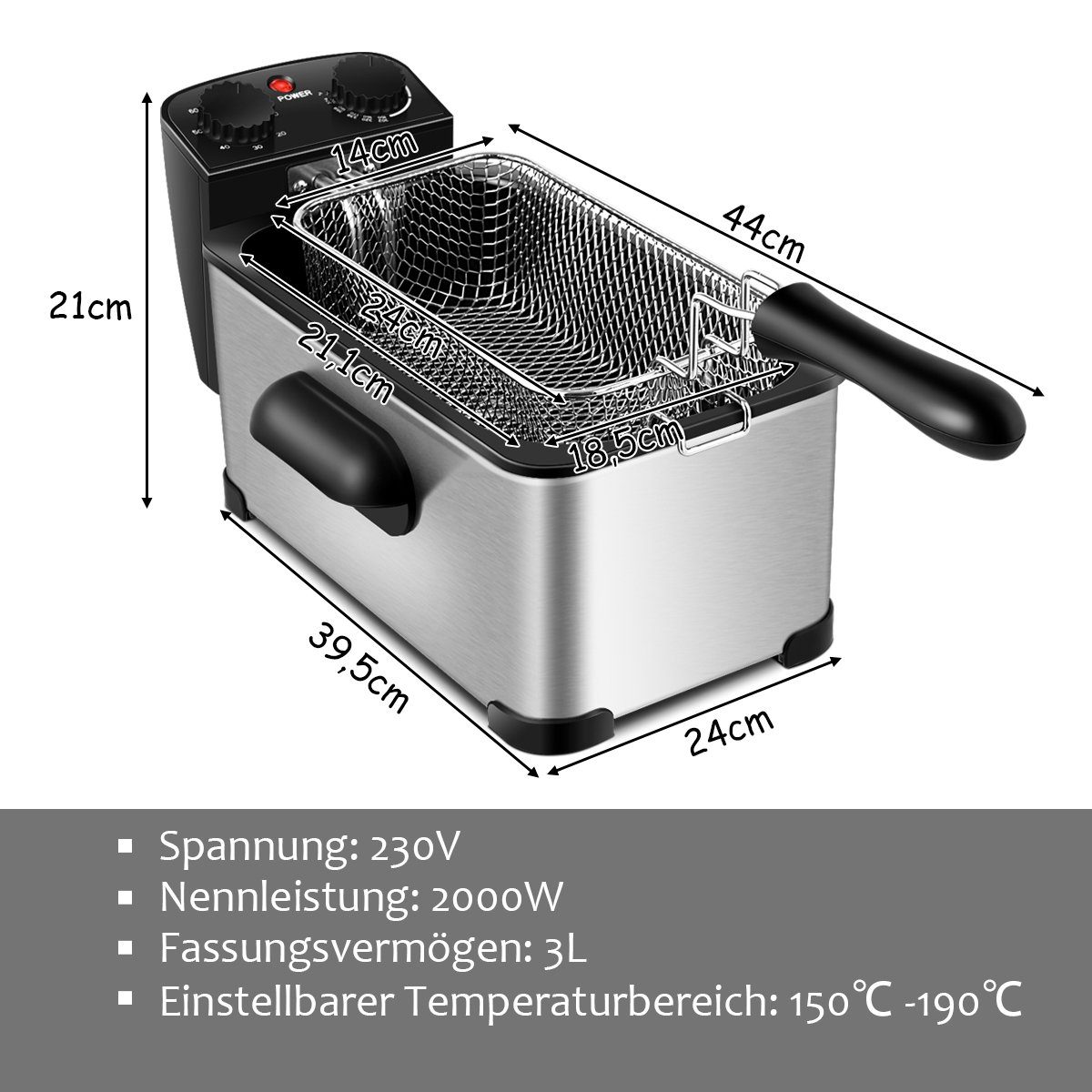 COSTWAY Fritteuse, bis 150℃ 2000 190℃, 3,5L, Timer, Sichtfenster 60min W