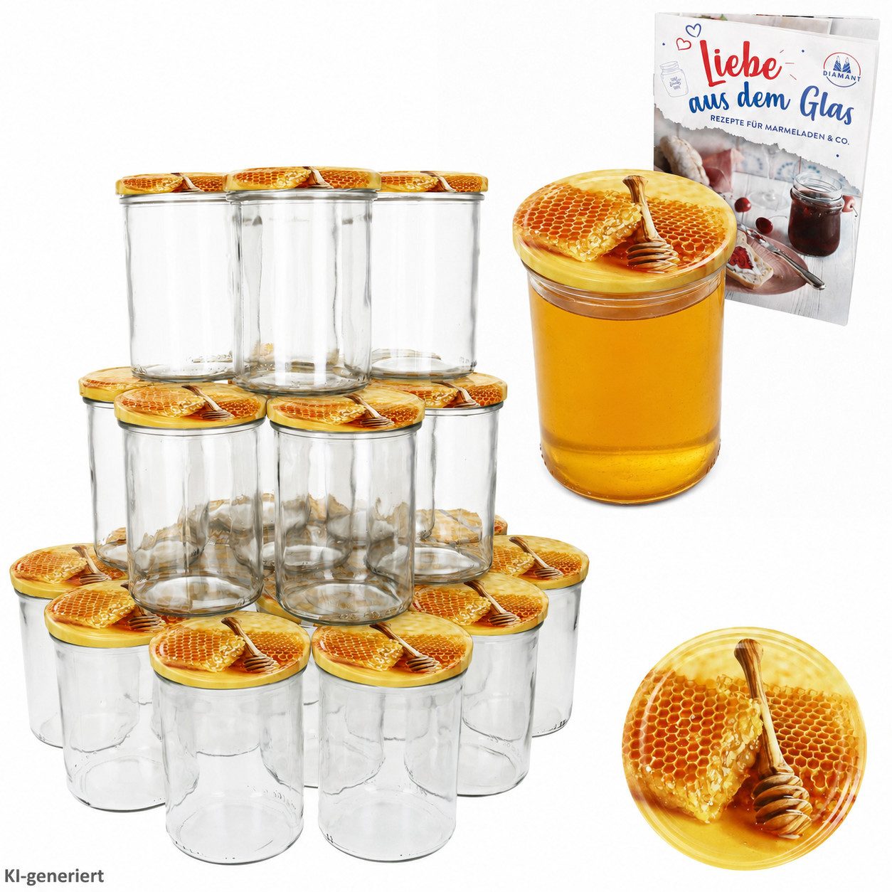 MamboCat Einmachglas 50er Set Honigglas 435ml Einmachglas TO82 Deckel Carino Honigwabe Heft, Glas