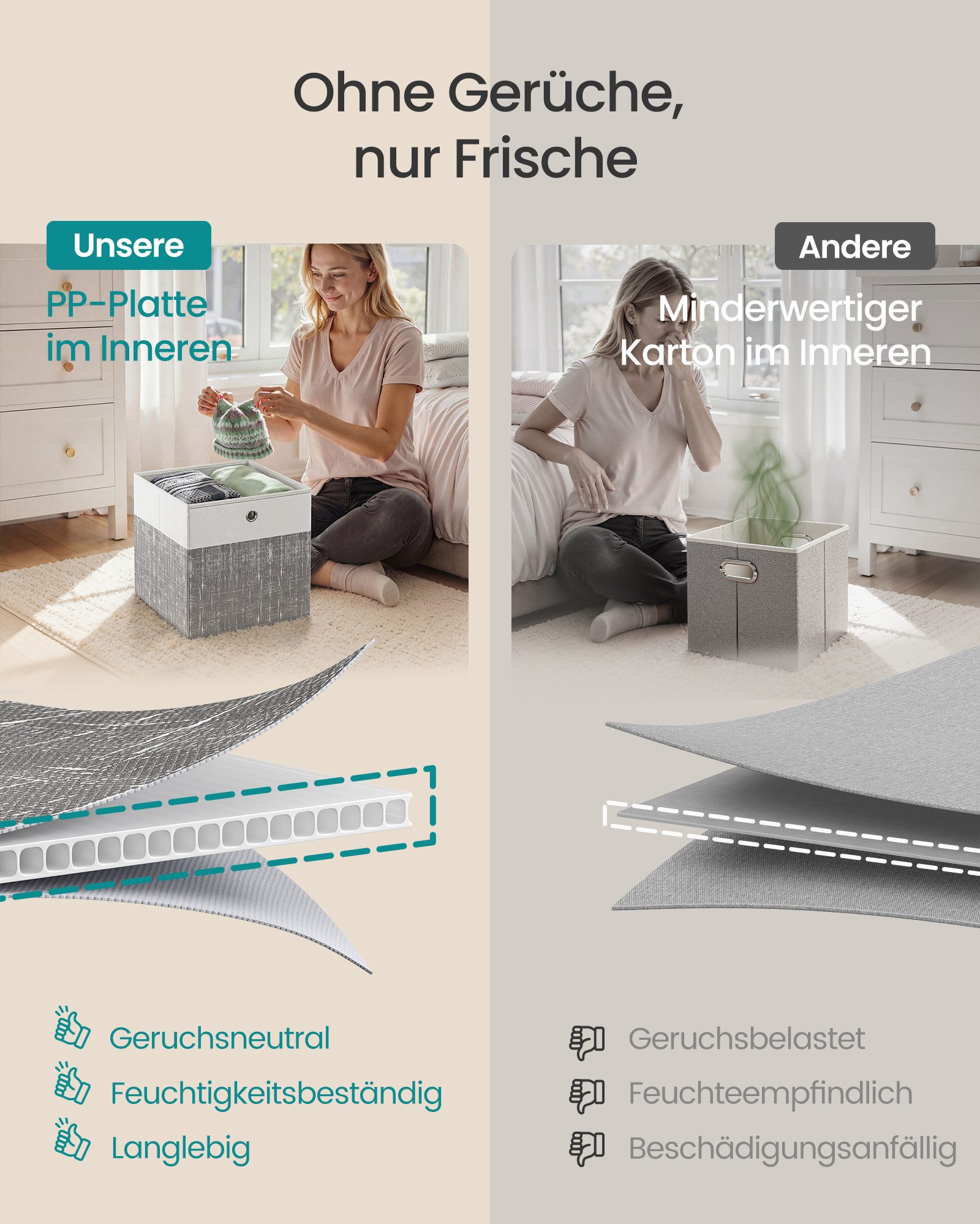 SONGMICS Aufbewahrungsbox Aufbewahrungskorb, Ordnungsboxen, Faltbox, Stoffbox für Würfelregal (6 St), mit PP-Platten, geruchsneutral, 33 x 33 x 33 cm, wolkenwei – Bild 5 von 5