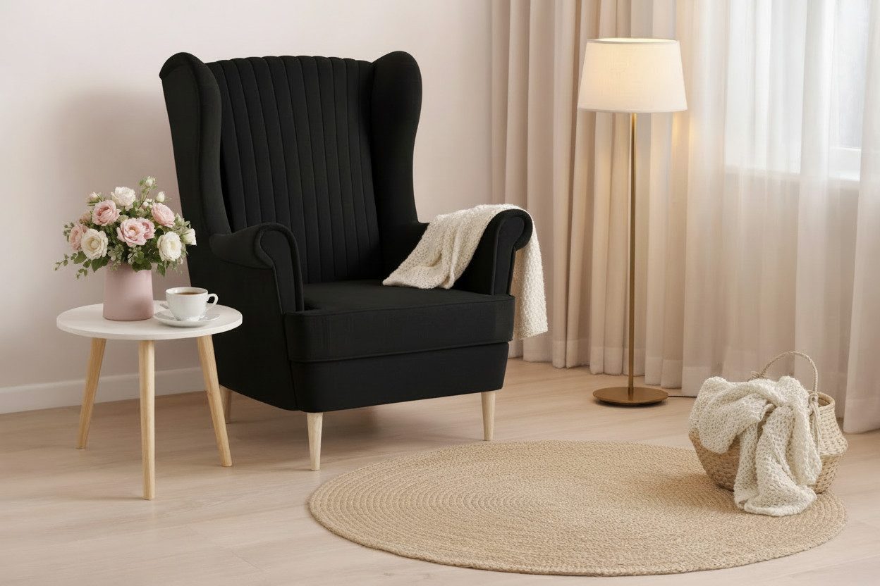 MOEBLO Ohrensessel COMFY SESSEL mit oder ohne Hocker (Polstersessel aus Samtstoff Wohnzimmersessel mit/ohne Hocker Ohrenbacksessel), Sessel mit optionalem Hocker