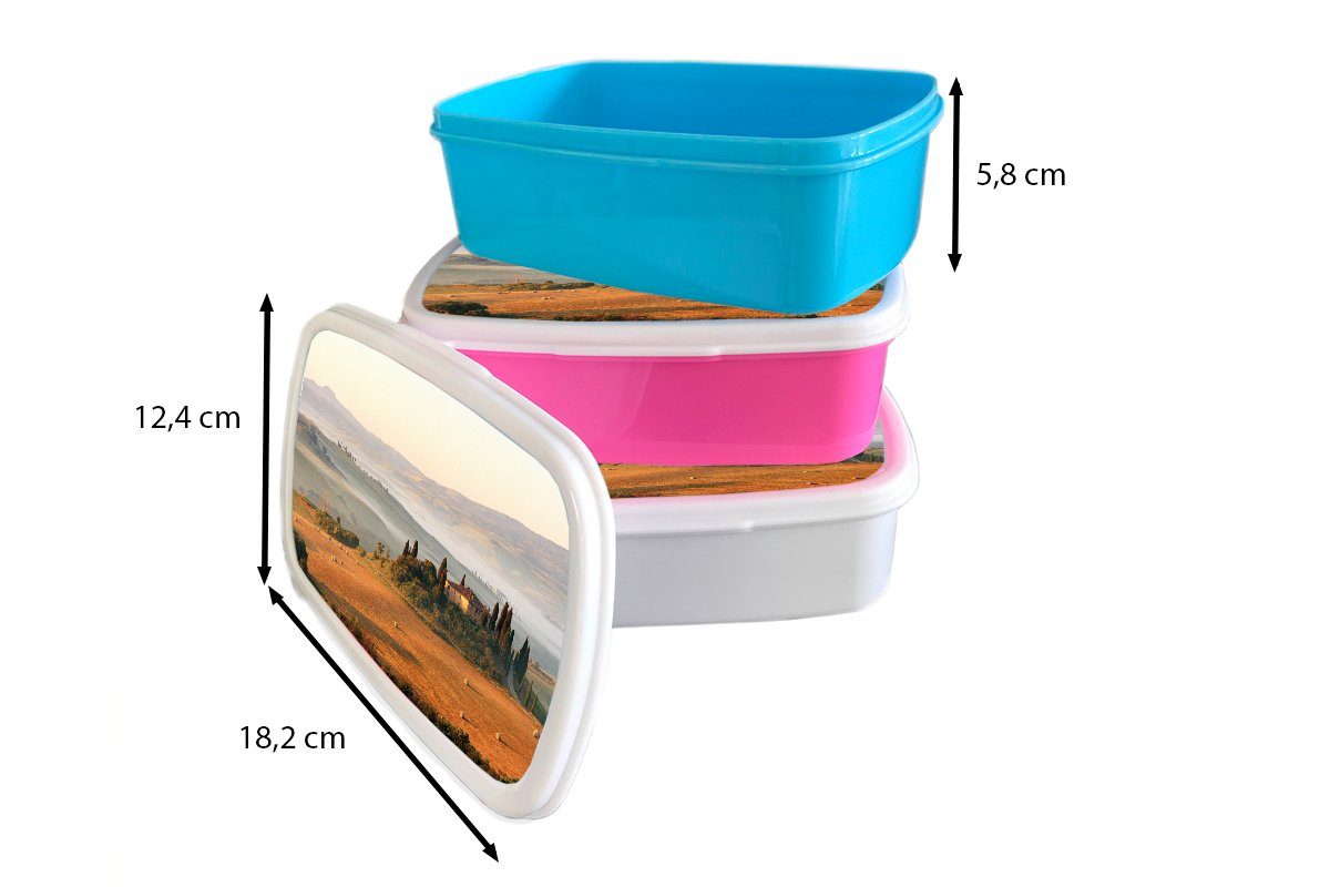 Lunchbox Brotbox Kinder, Erwachsene, Toskana rosa Kunststoff, Snackbox, Bauernhaus, - für MuchoWow Brotdose Mädchen, Kunststoff Landschaft - (2-tlg),