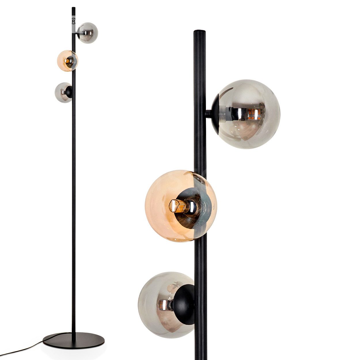 Stehlampe Stehlampe aus Metall/Glas in Schwarz/Bernstein/Rauchfarben
