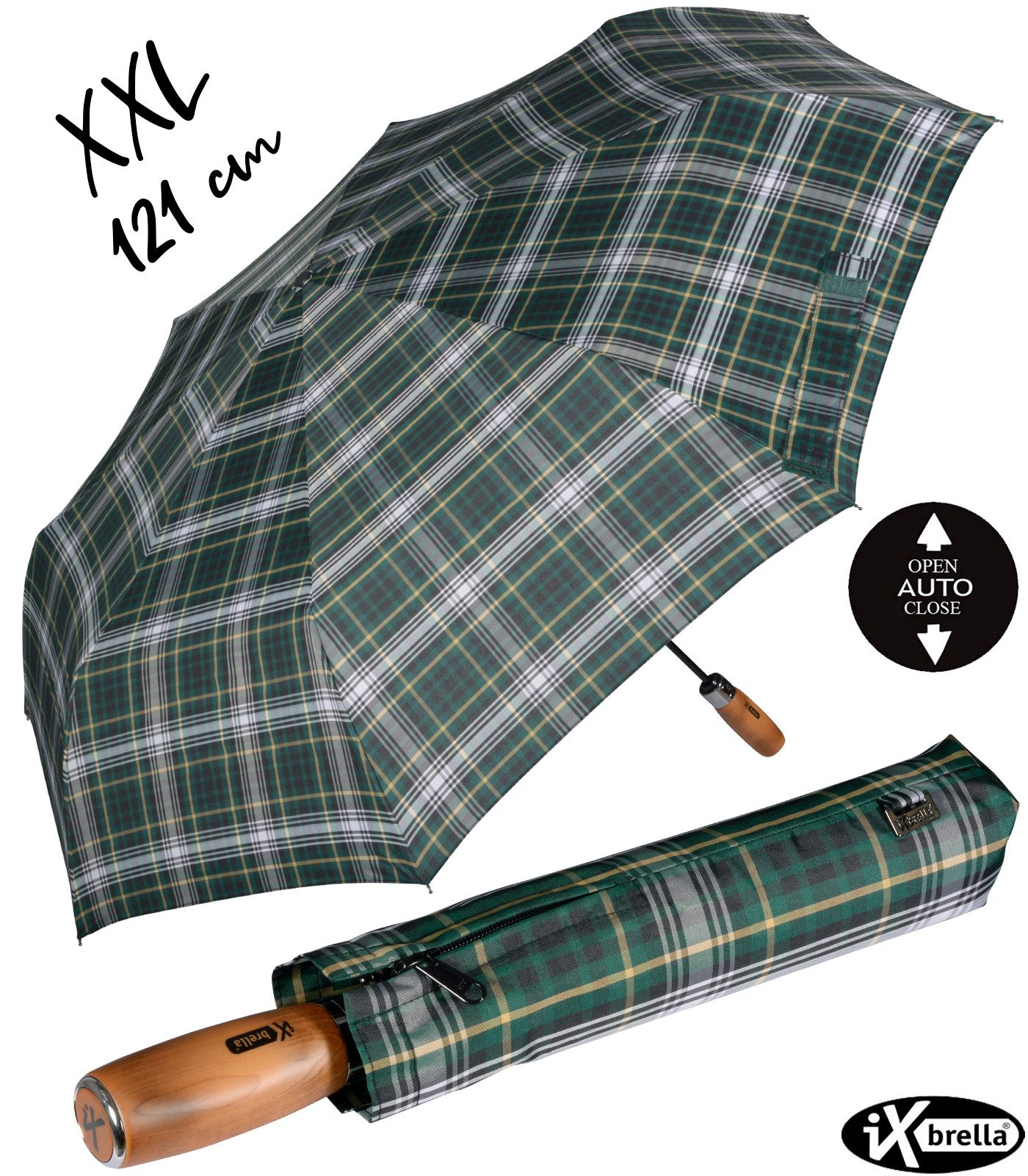 iX-brella Taschenregenschirm XXL 121 cm Durchmesser mit Auf-Zu-Automatik, mit echtem Holz-Stabgriff