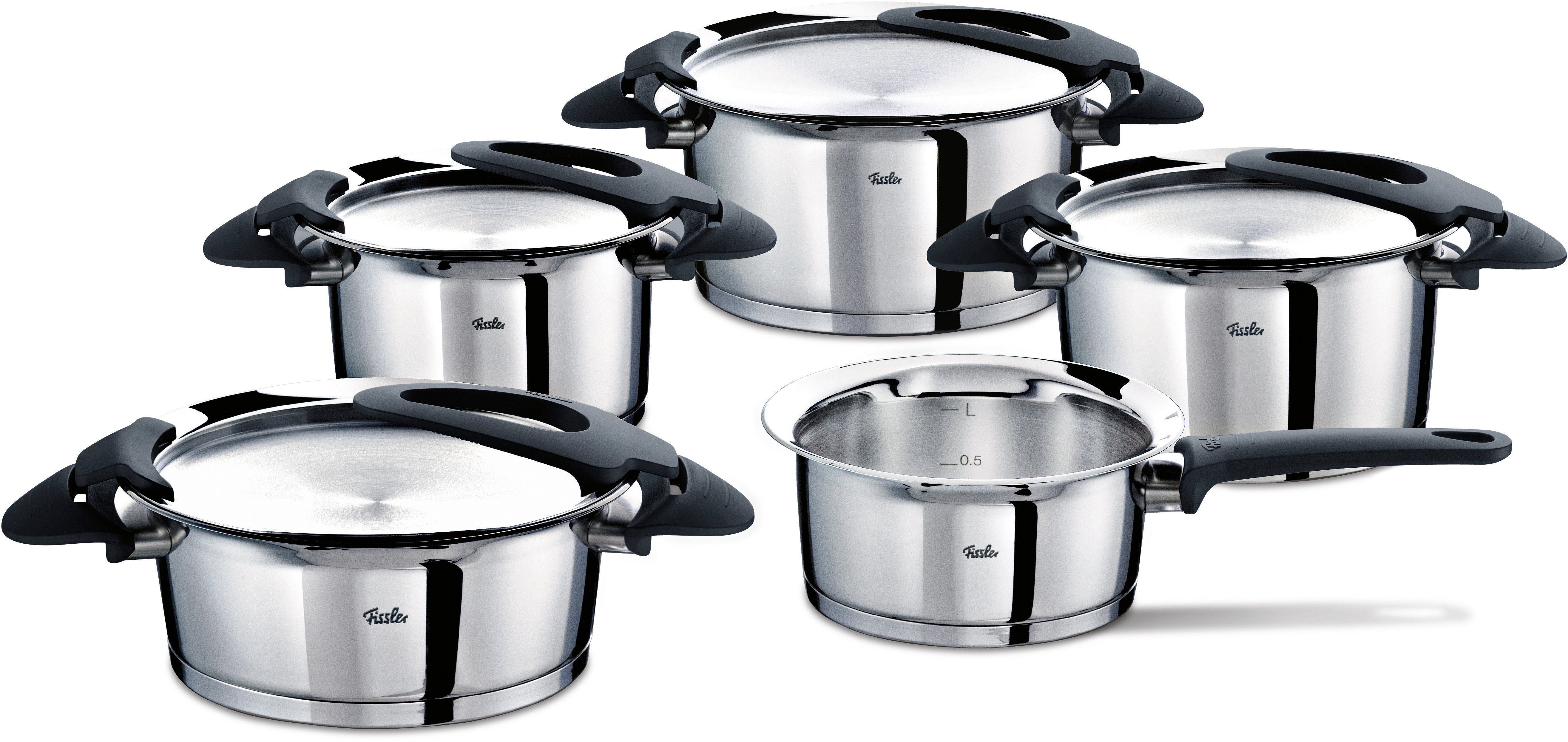 Fissler Topf-Set Intensa, Edelstahl 18/10 (Set, 9-tlg., Bratentopf Ø 20 cm, Kochtopf Ø 16/20/24 cm, Stielkasserolle Ø 16 cm), Induktion, Made in Germany