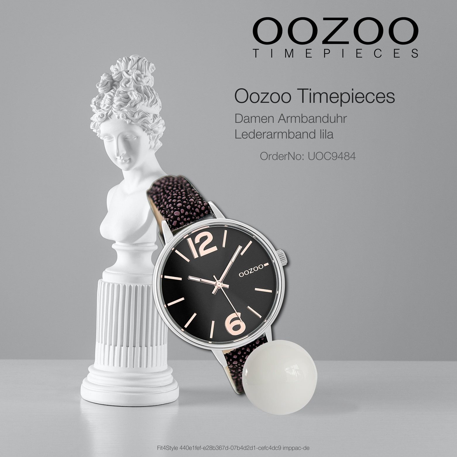 Fashion-Style mittel OOZOO Damen 38mm) Armbanduhr Damenuhr schwarz, Quarzuhr lila (ca. rund, Lederarmband, Oozoo