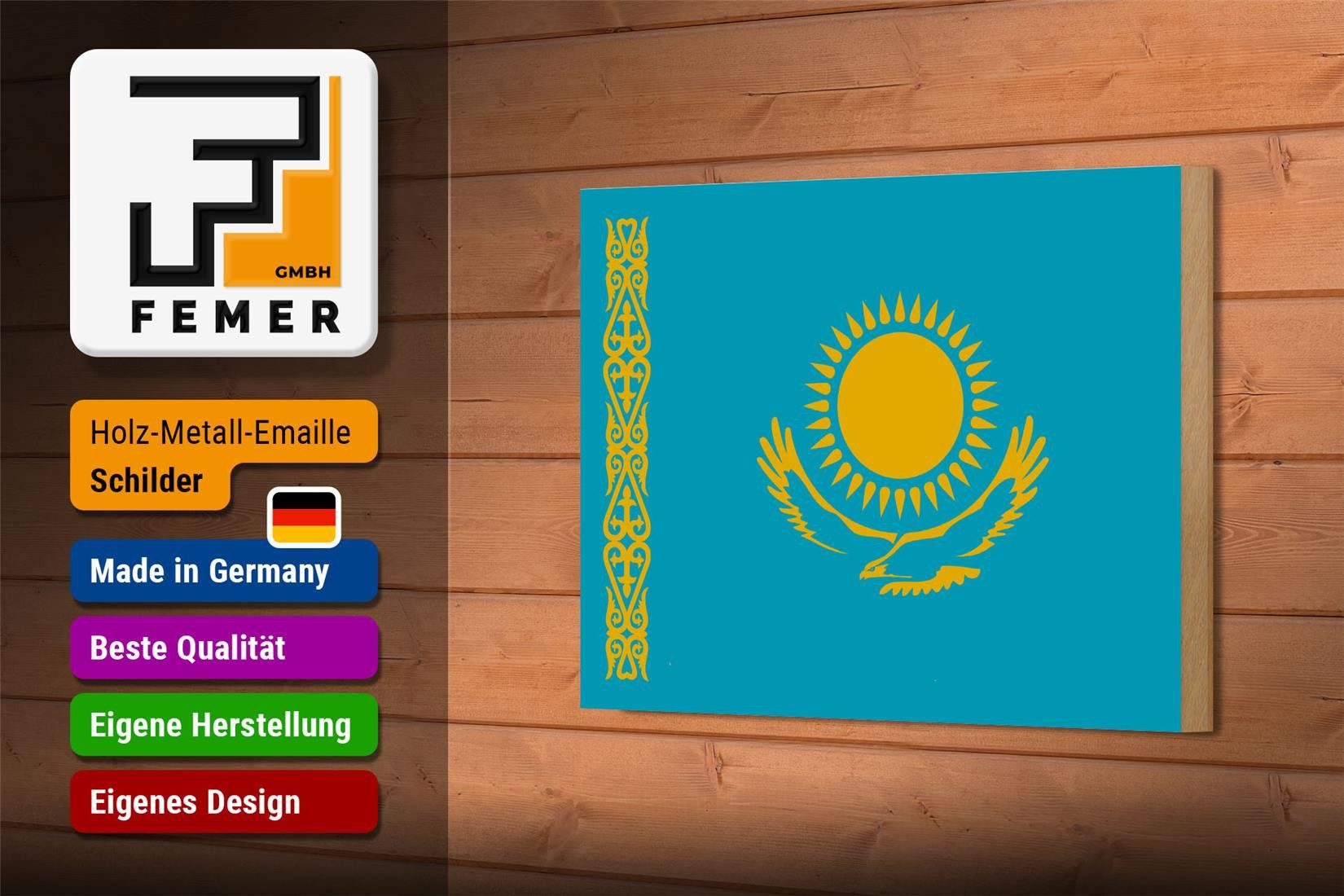 Femer GmbH Holzbild Flagge Kasachstans 18x12 cm Flag of Kazakhstan, Flaggen (1 St), Glatte Holzfaserplatte (MDF), vorn beschichtet
