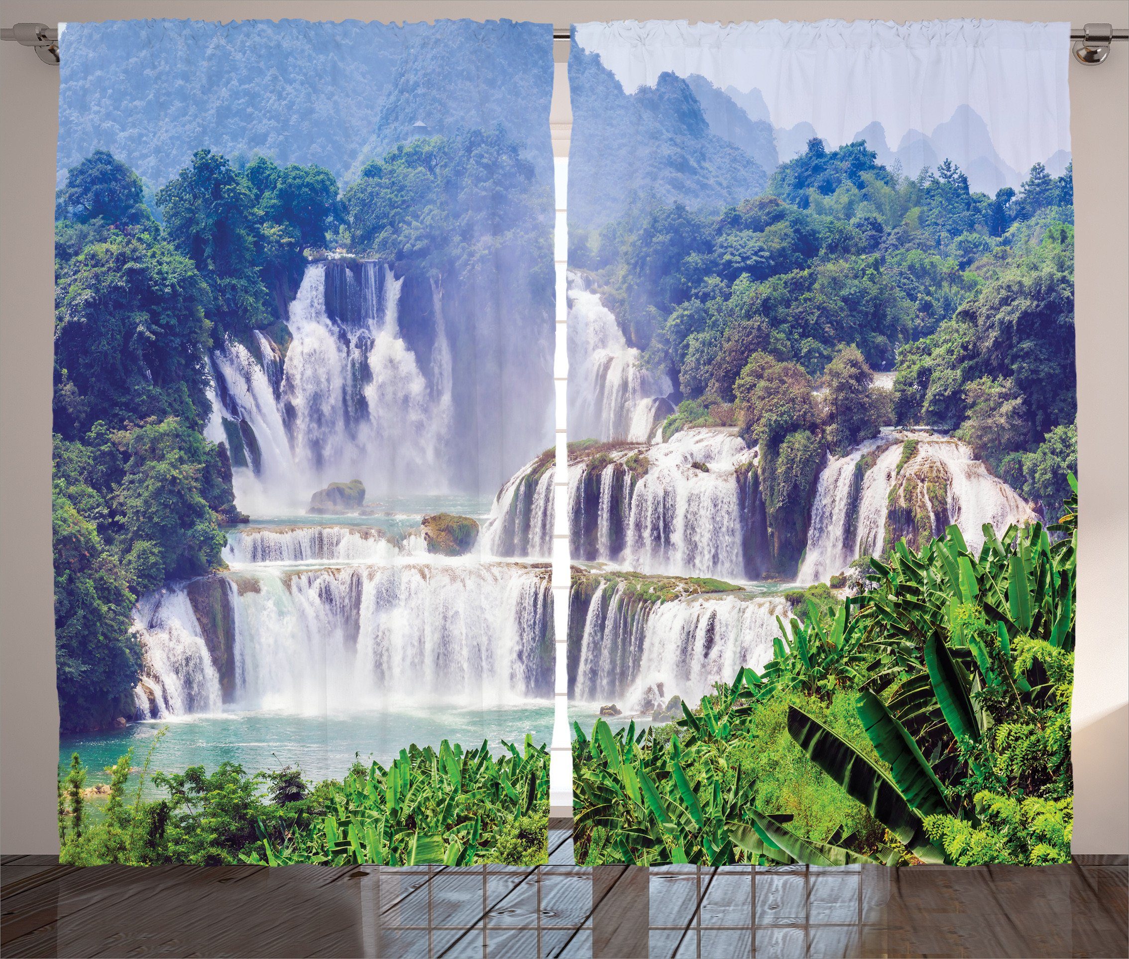 mit Haken, Vorhang Wasserfall Tropische Gardine Exotisch Pflanze Kräuselband und Schlafzimmer Schlaufen Abakuhaus,
