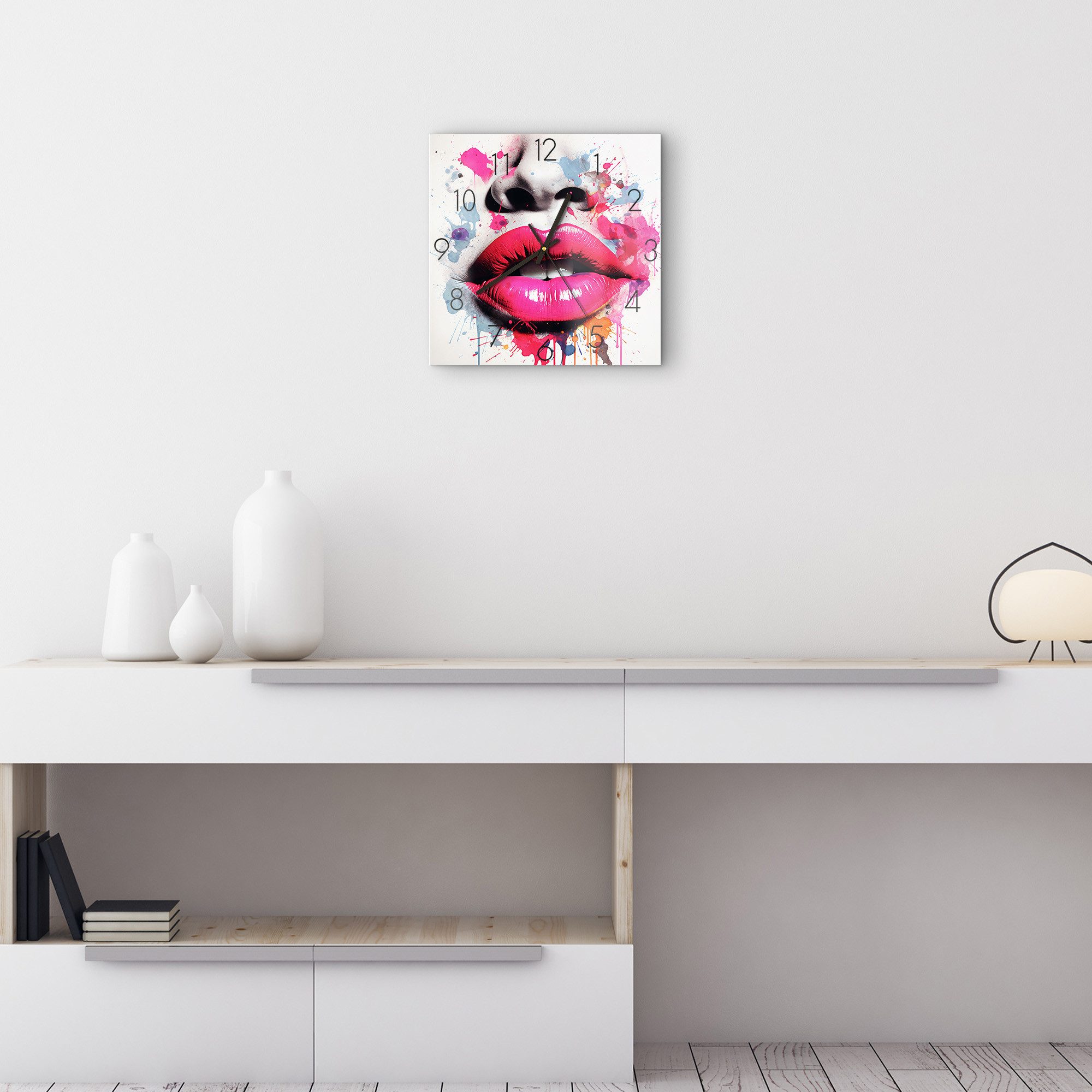 DEQOART Wanduhr 'Bunte Verführung' (Glas Glasuhr modern Wand Uhr Design Küchenuhr)