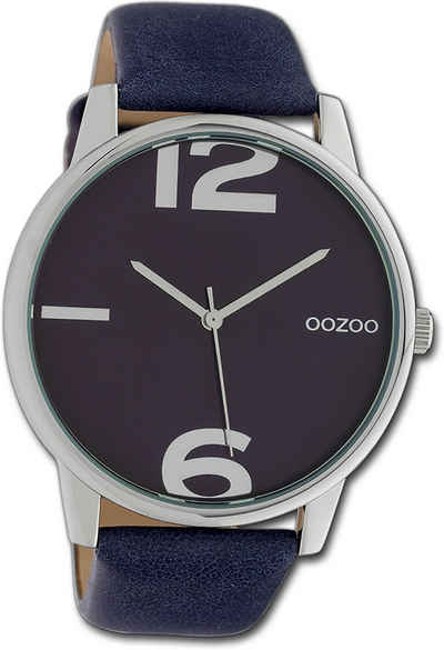OOZOO Quarzuhr Oozoo Damen Armbanduhr Timepieces, Damenuhr Lederarmband dunkelblau, rundes Gehäuse, groß (ca. 45mm)