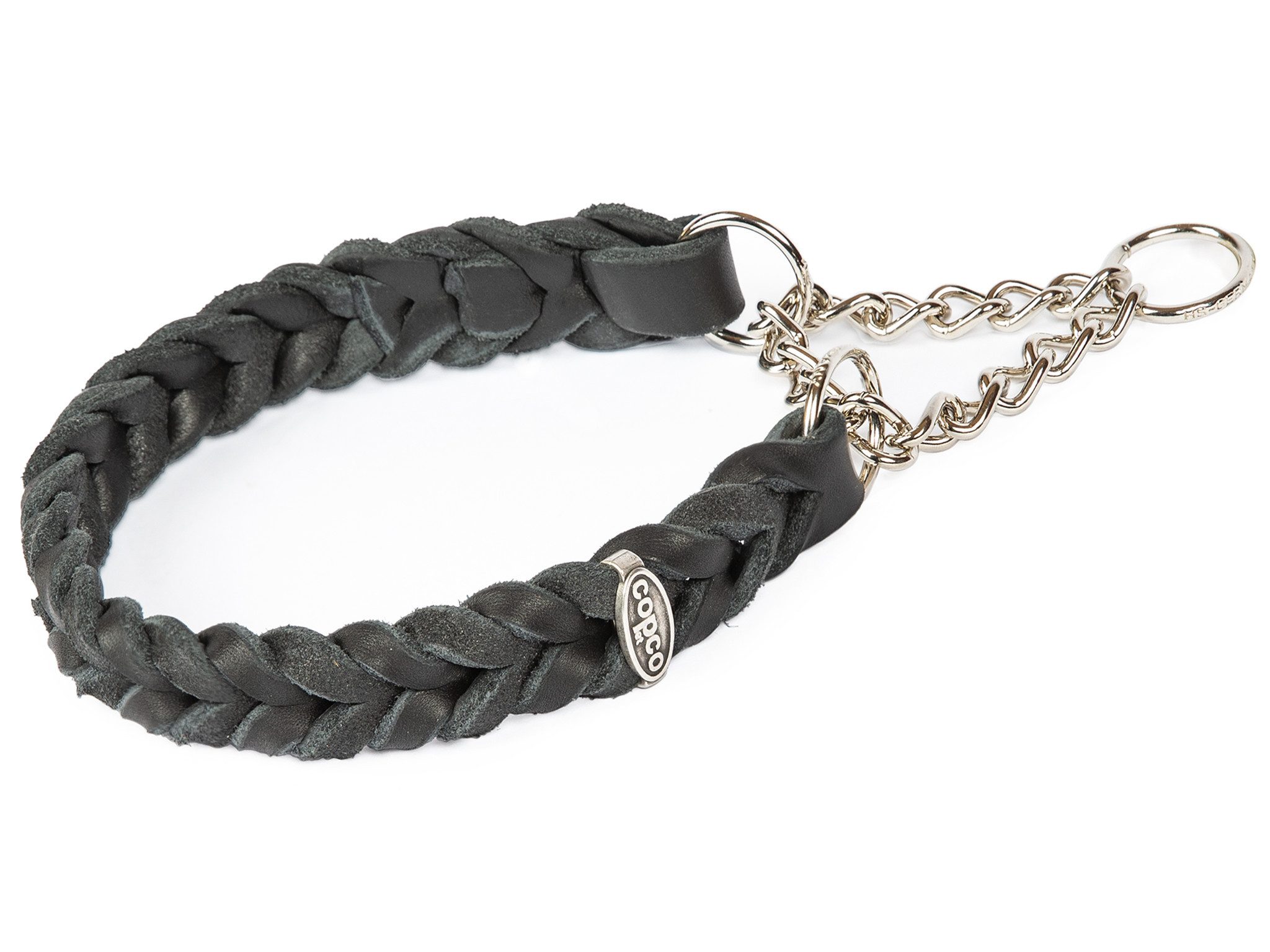 CopcoPet Hunde-Halsband Fettleder Halsband geflochten mit verchromter Zugstopp Kette, Leder, Leder, Geflochten, Handarbeit