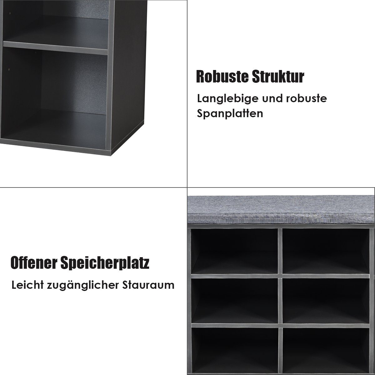 Schuhbank, COSTWAY Grau und mit Sitzkissen Holz Stauraum, 104x30x48cm,