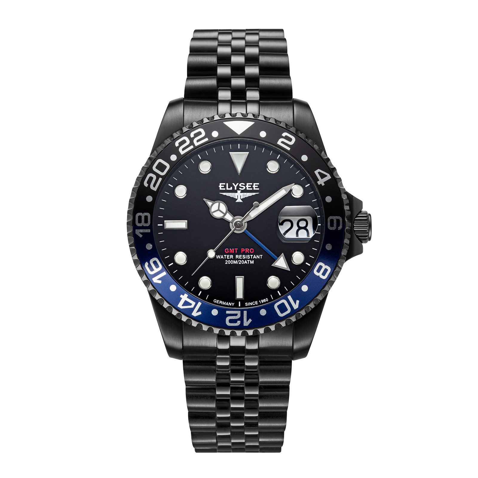 Elysee Quarzuhr GMT Pro. Herrenuhr 40 mm, zweite Zeitzone, Verschraubte Krone, Leuchtzeiger, Datumsanzeige