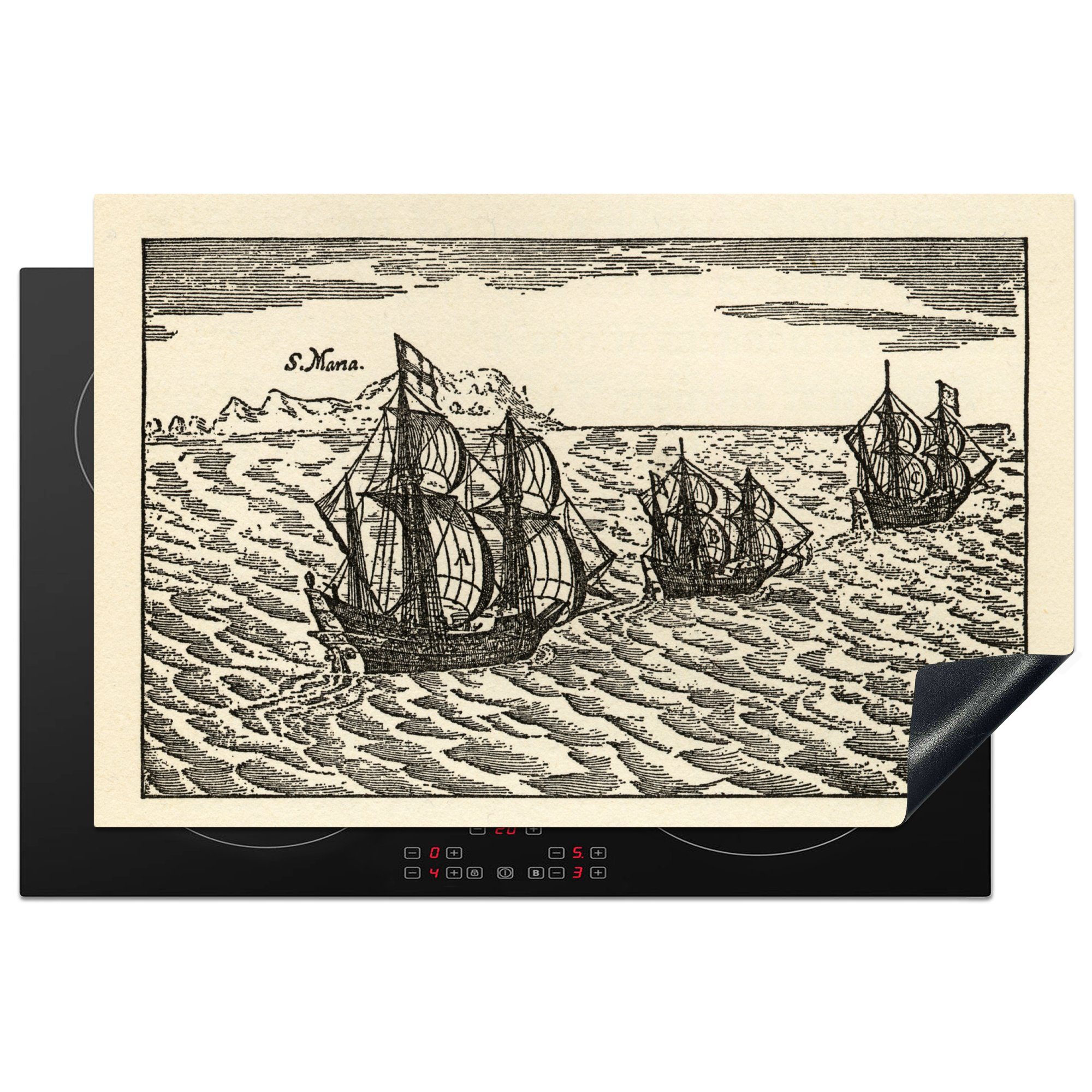 MuchoWow Herdblende-/Abdeckplatte Illustration einer Schiffsflotte von Christoph Kolumbus, Vinyl, (1 tlg), 81x52 cm, Induktionskochfeld Schutz für die küche, Ceranfeldabdeckung