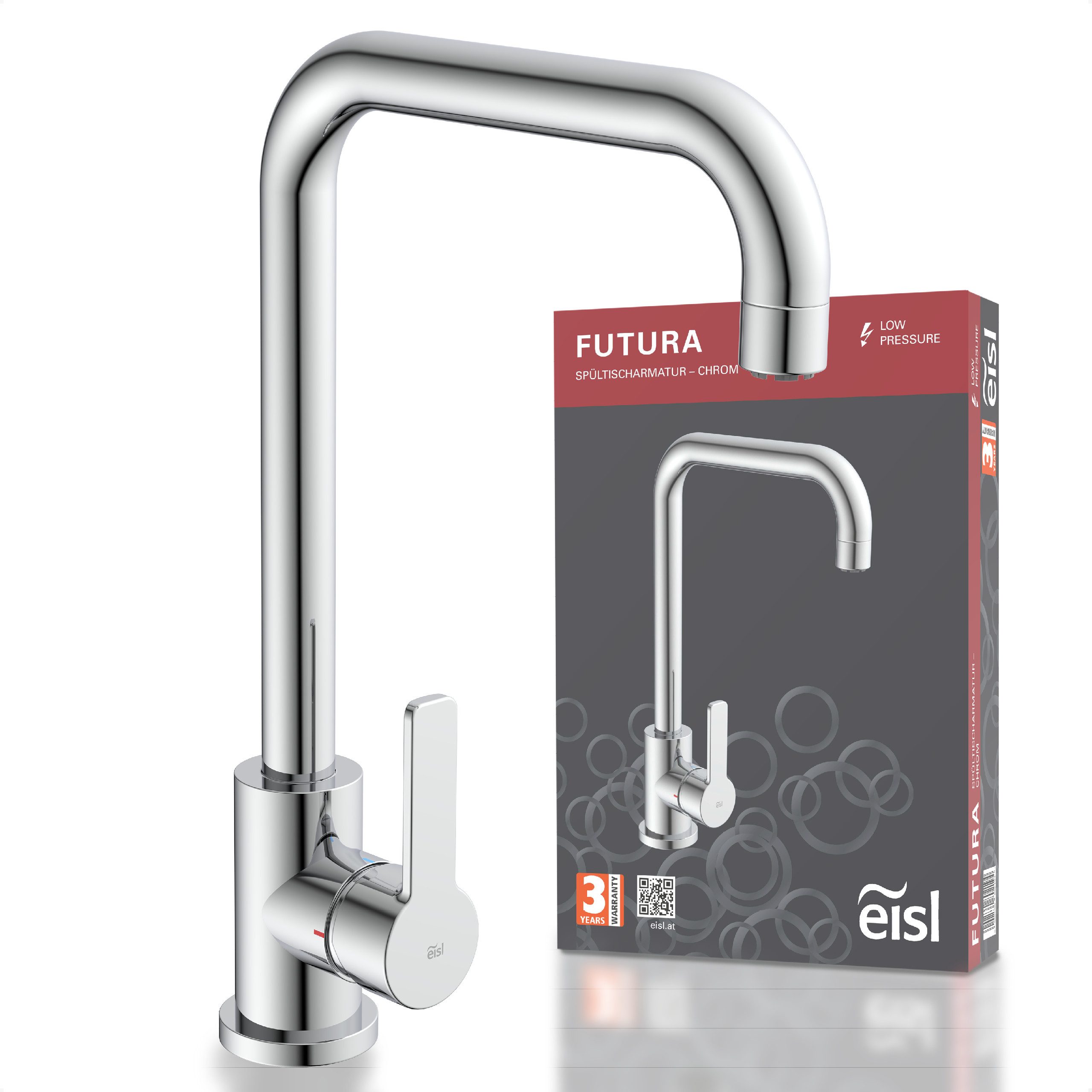 Eisl Spültischarmatur Futura Niederdruckarmatur, Dripless, Cold-Start, 360° schwenkbar