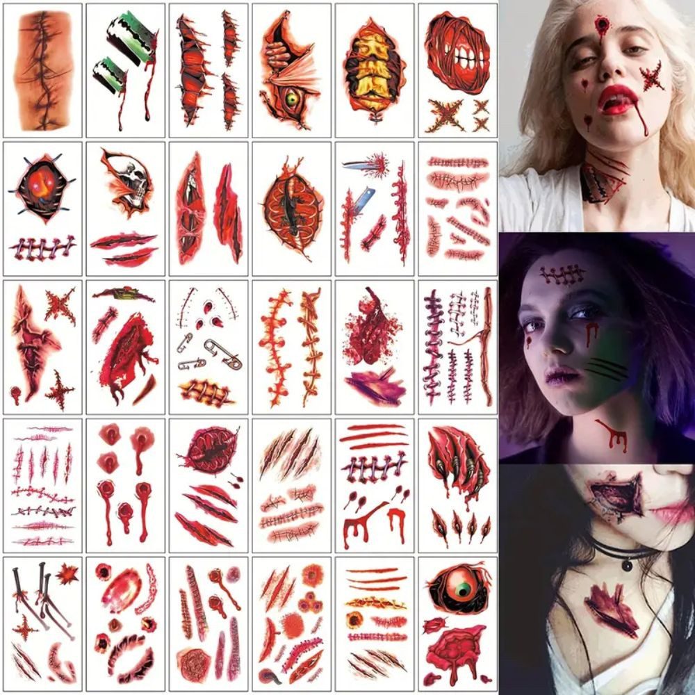 Montegoni Schmuck-Tattoo 30 Stück gruselige Halloween-Tattoo- Aufkleber Realistisch, schaurige, 30 Stück gruselige Halloween-Tattoo- Aufkleber schaurige,wasserfest, Halloween-Tattoo- Aufkleber Realistisch, schaurige,wasserfest