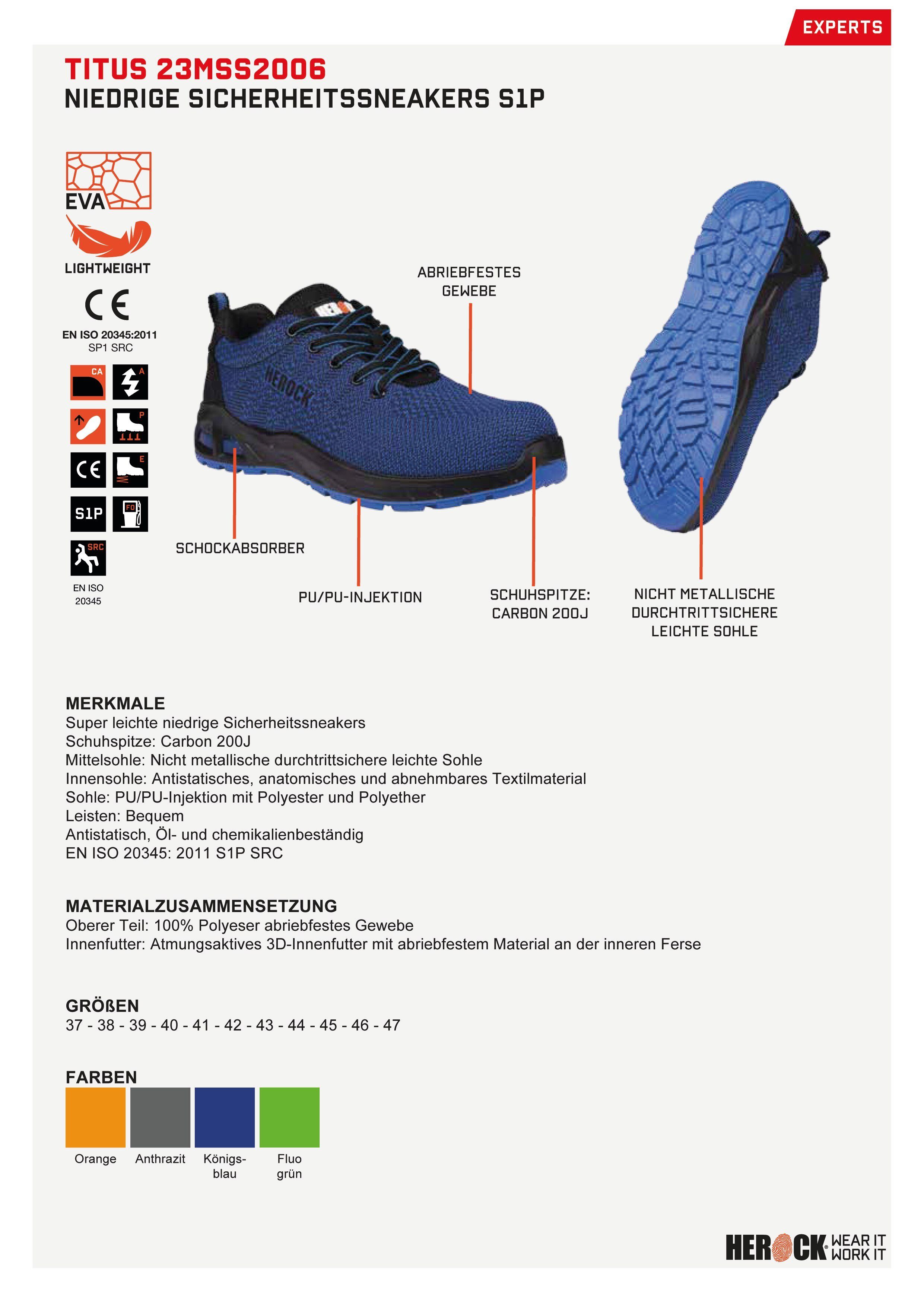 Herock Titus S1P Niederige Sicherheitssneakers Sicherheitsschuh leicht, Fiberglaskappe, rutschhemmend königsblau durchtrittschutz, Extrem
