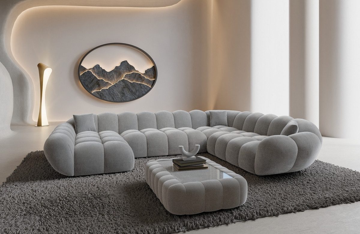 Sofa Dreams Wohnlandschaft Maleron XXL Polster Couch, Stoffsofa, 6-Sitzer, Ottomane links, Samtstoff in Hellgrau