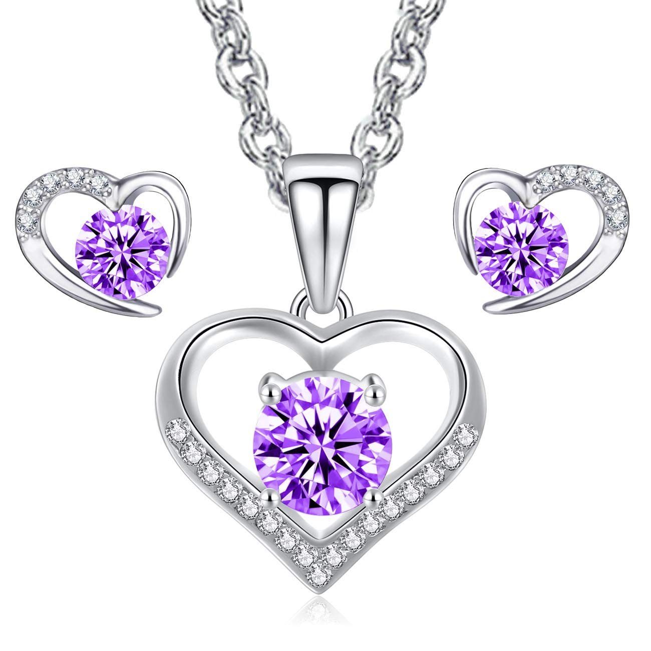 Frauen Geschenke für Ohrring 5A Ketten Damenschmuck-Set, Herz-Halskette-Ohrringe Zirkonia), (3-tlg., und Lila Set mit POCHUMIDUU