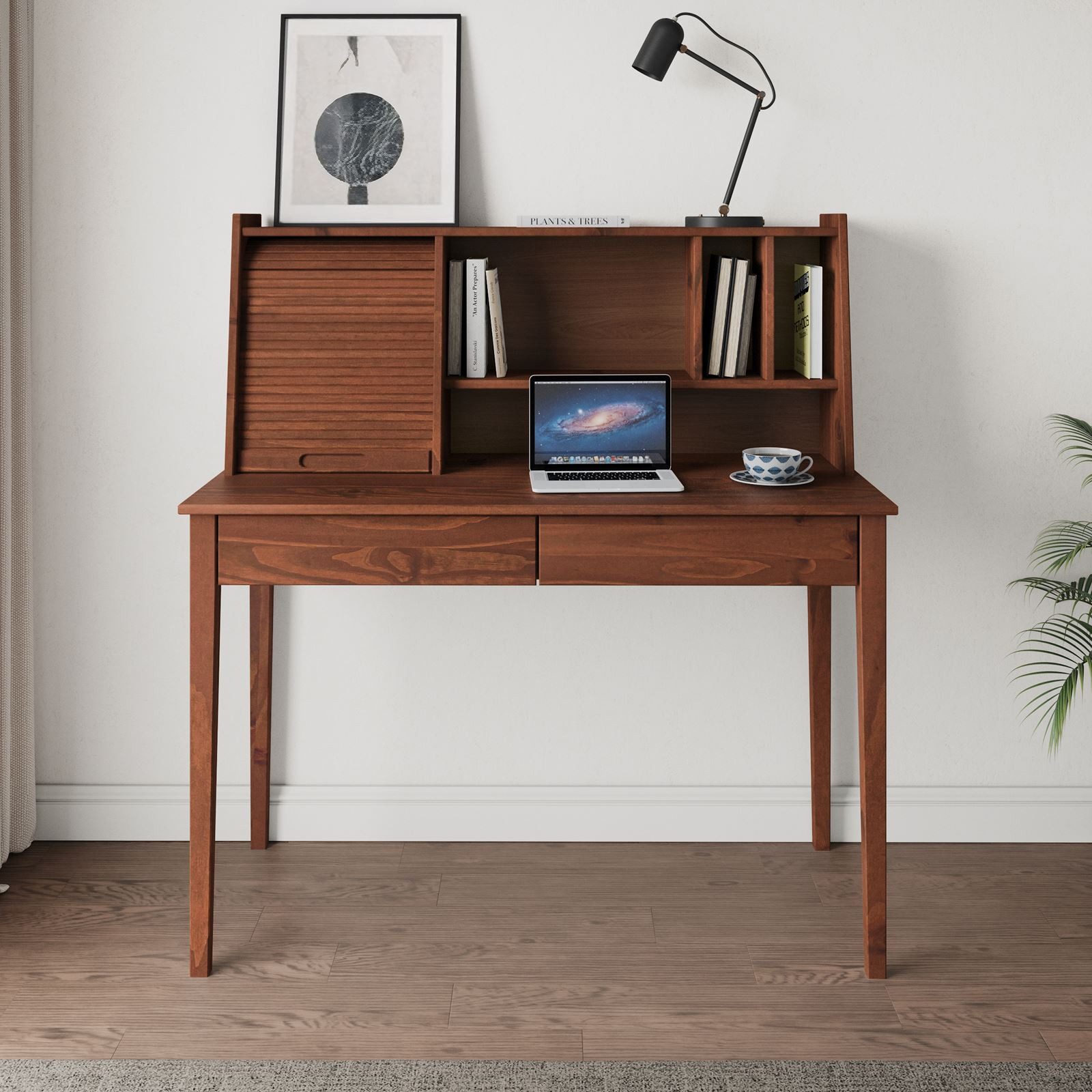 IDIMEX Schreibtisch ALISA, Massivholz Schreibtisch mit 2 Schubladen und Rollladen Kastanie Finish