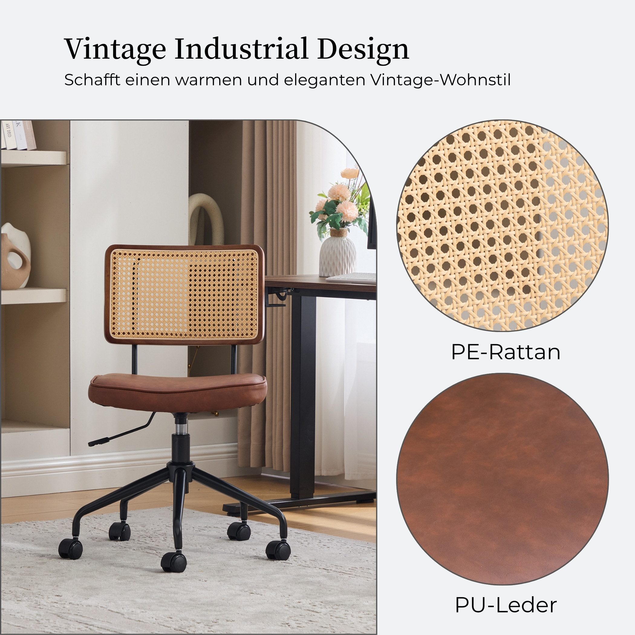 SeedWave Bürostuhl Höhenverstellbarer Drehstuhl mit Holzrahmen Rattanrücken, Polstersitz, PU-Leder,Metallgestell Akzentstuhl im Industrial Stil für Home Office