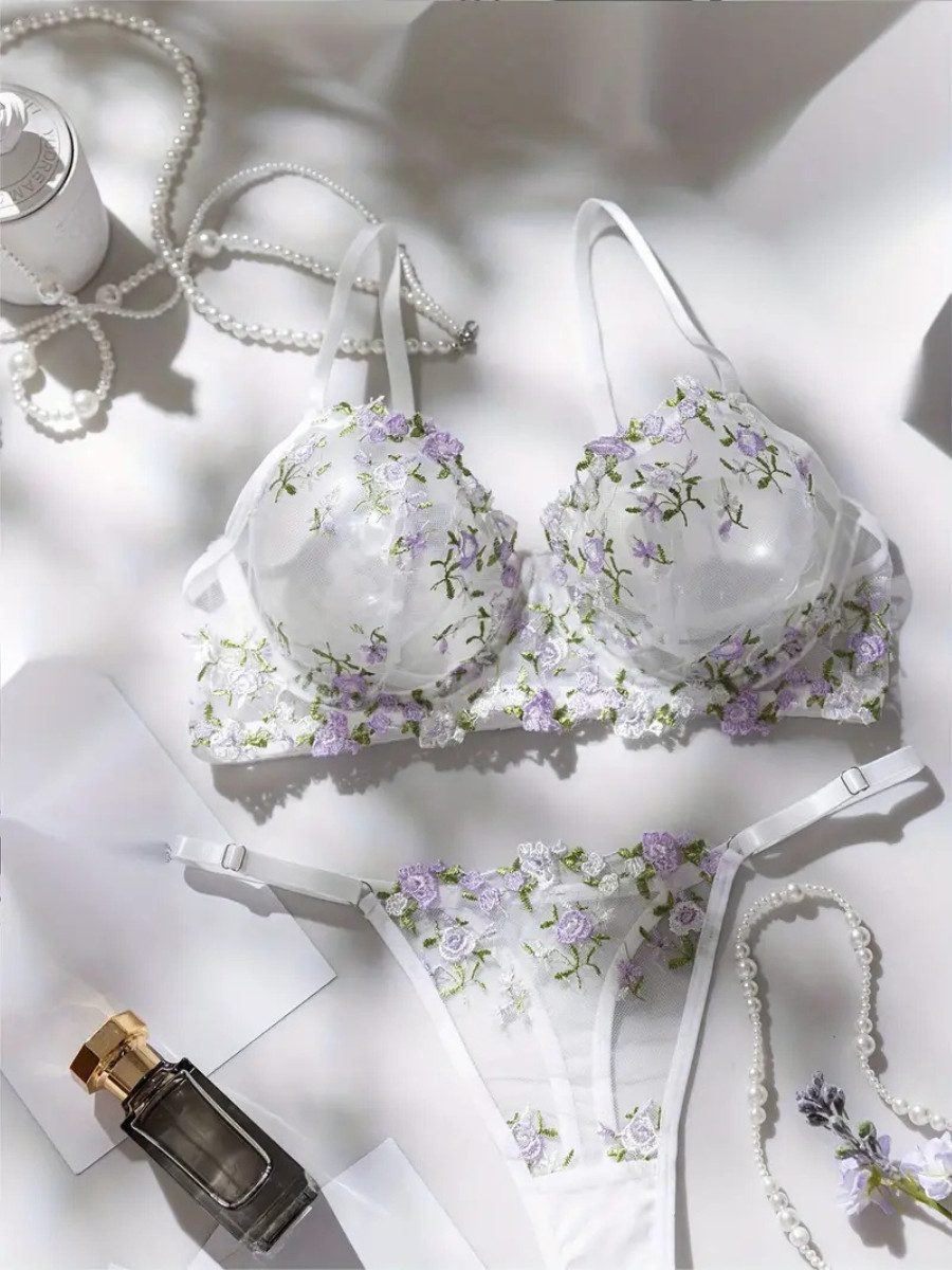 Set: Bügel-BH Dessous-Set aus bestickter Spitze - elegantes BH-Set, Unterwäsche Set