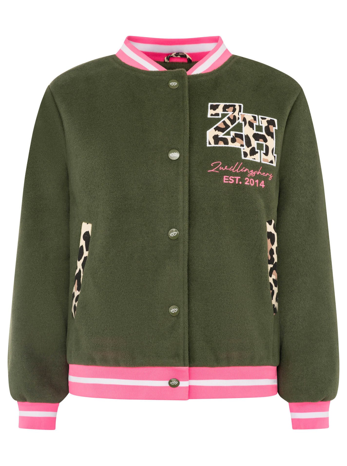 Zwillingsherz Bomberjacke „College Leo“ gestreifte Bündchen, Leodetails und Futter, Druckknopfleiste