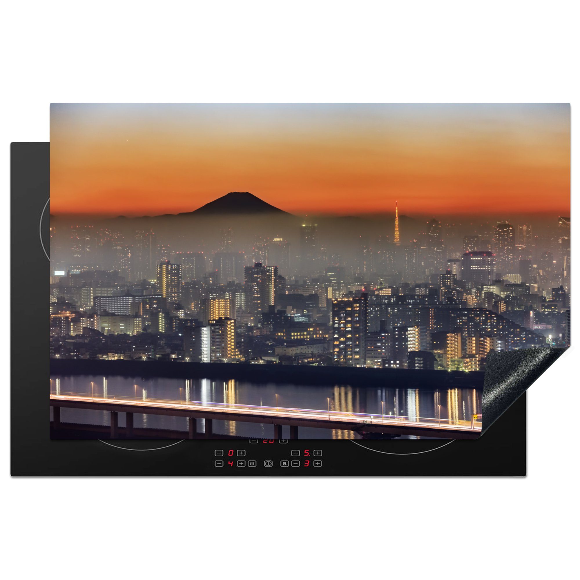 MuchoWow Herdblende-/Abdeckplatte Tokio - Sonne Vinyl, für die Stadt, tlg), - küche, Ceranfeldabdeckung 81x52 Induktionskochfeld Schutz cm, (1