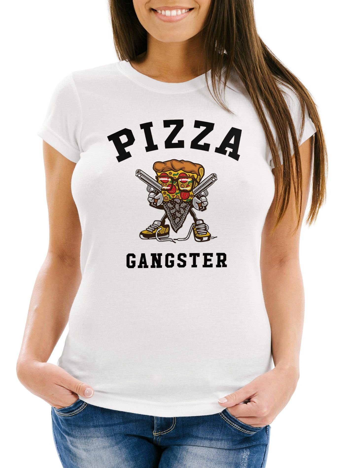 MoonWorks Print-Shirt Pizza Damen T-Shirt Gangster Slim Fit Moonworks® mit  Print