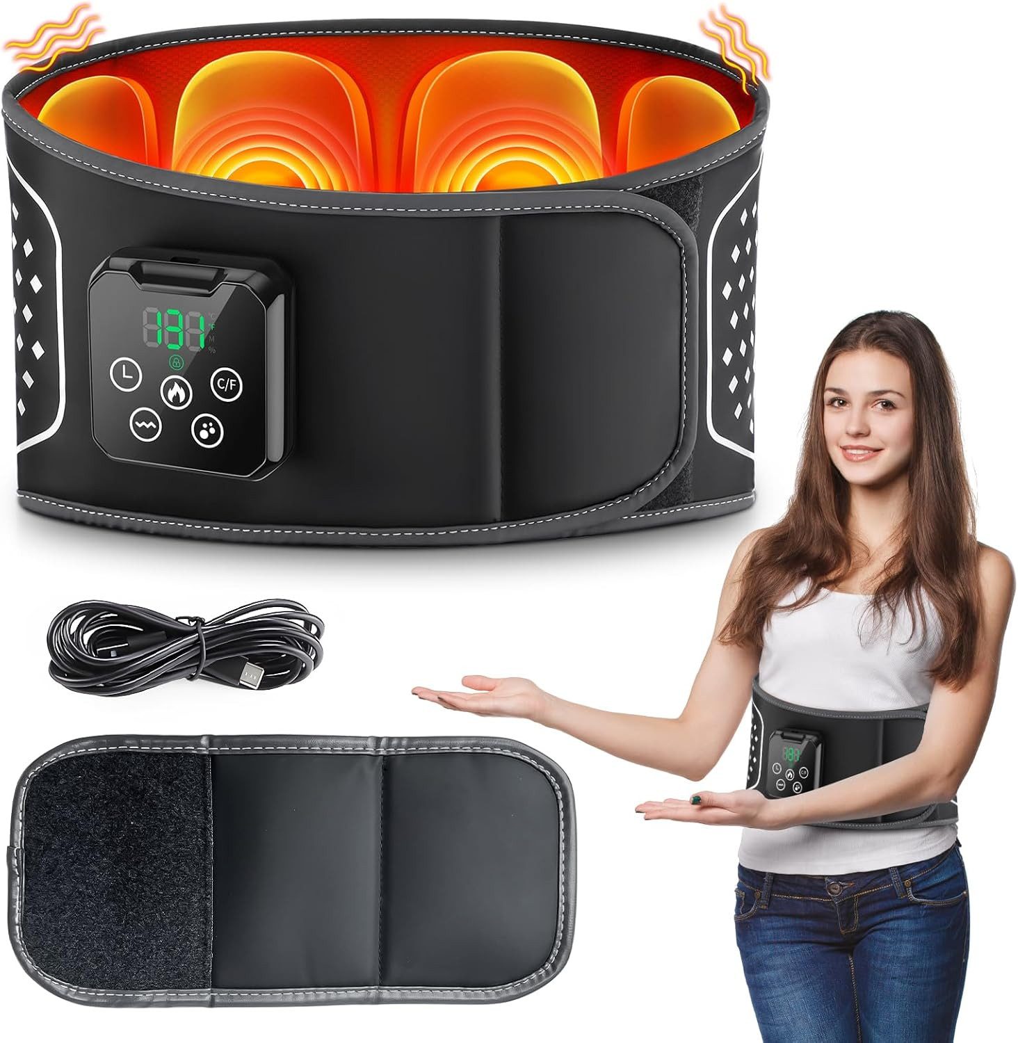 Toomoke Massagegerät Rückenmassagegürtel mit Wärmefunktion, Kabellos Wärmegürtel, kabelloser Massagegürtel mit 4-Zonen-Doppelluftkissen, 3 Luftdruckmodi, 3 Vibrationsmodi, 4 Heizstufen 40-55 Grad Celsius, 4000mAh Akku