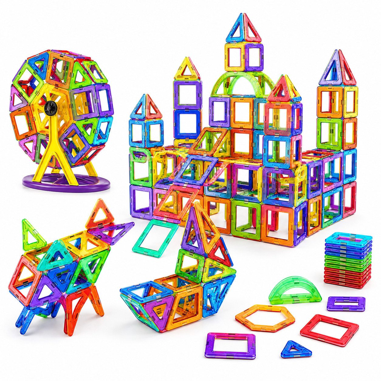 Fyrove Magnetbausteine Lern Steckspiel Kreativspielzeug Kinder Magnetspielbausteine, (Set, 120 St., Für Kinder ab 3 Jahren – STEM-Spielzeug & Geburtstagsgeschenk), Leicht zu reinigen, Mit Aufbewahrungstasche, Glatte, abgerundete Kanten