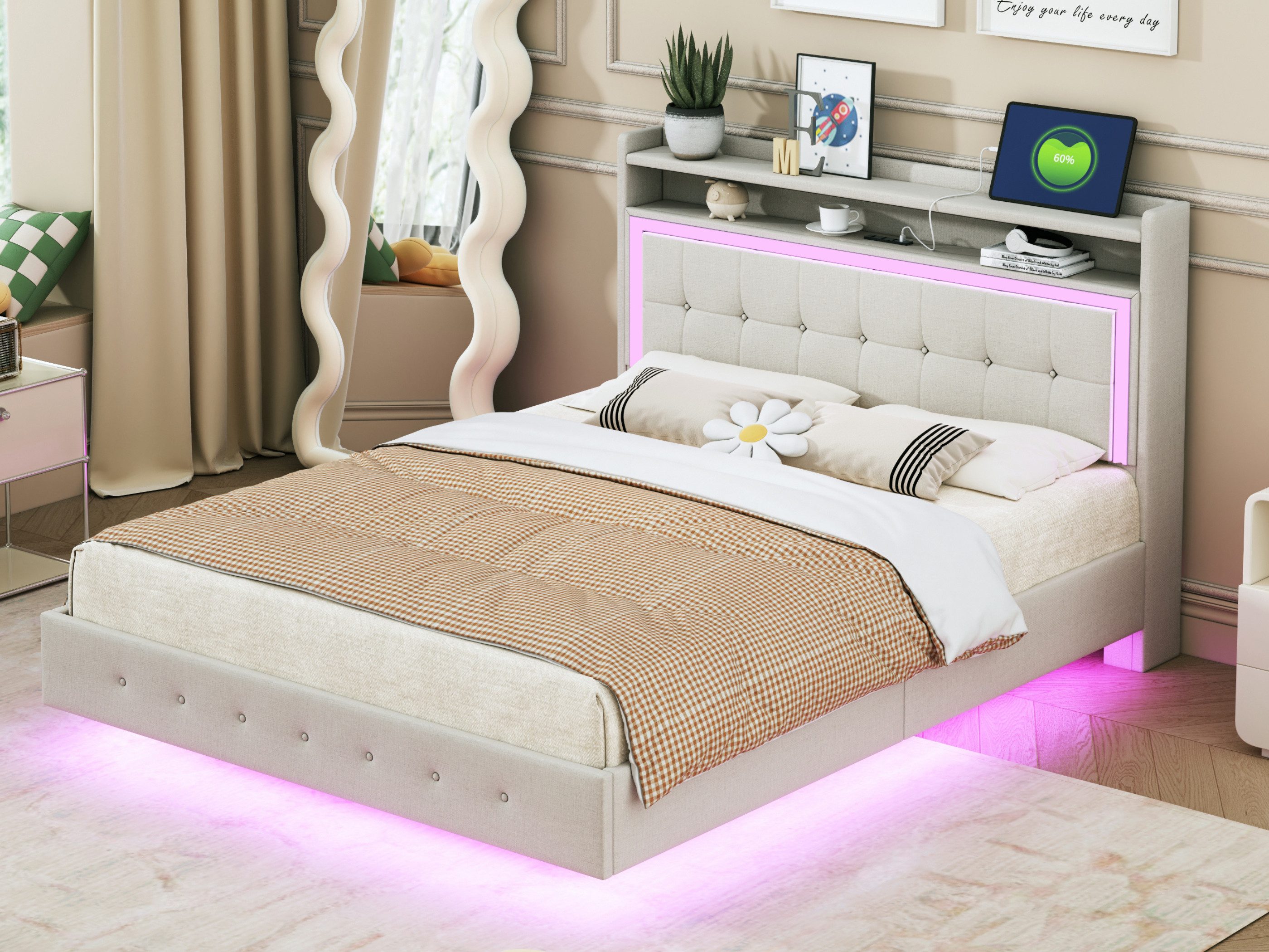 SeedWave Polsterbett Leinenstoff-Polsterbett mit Schwebendes Design günstig online kaufen