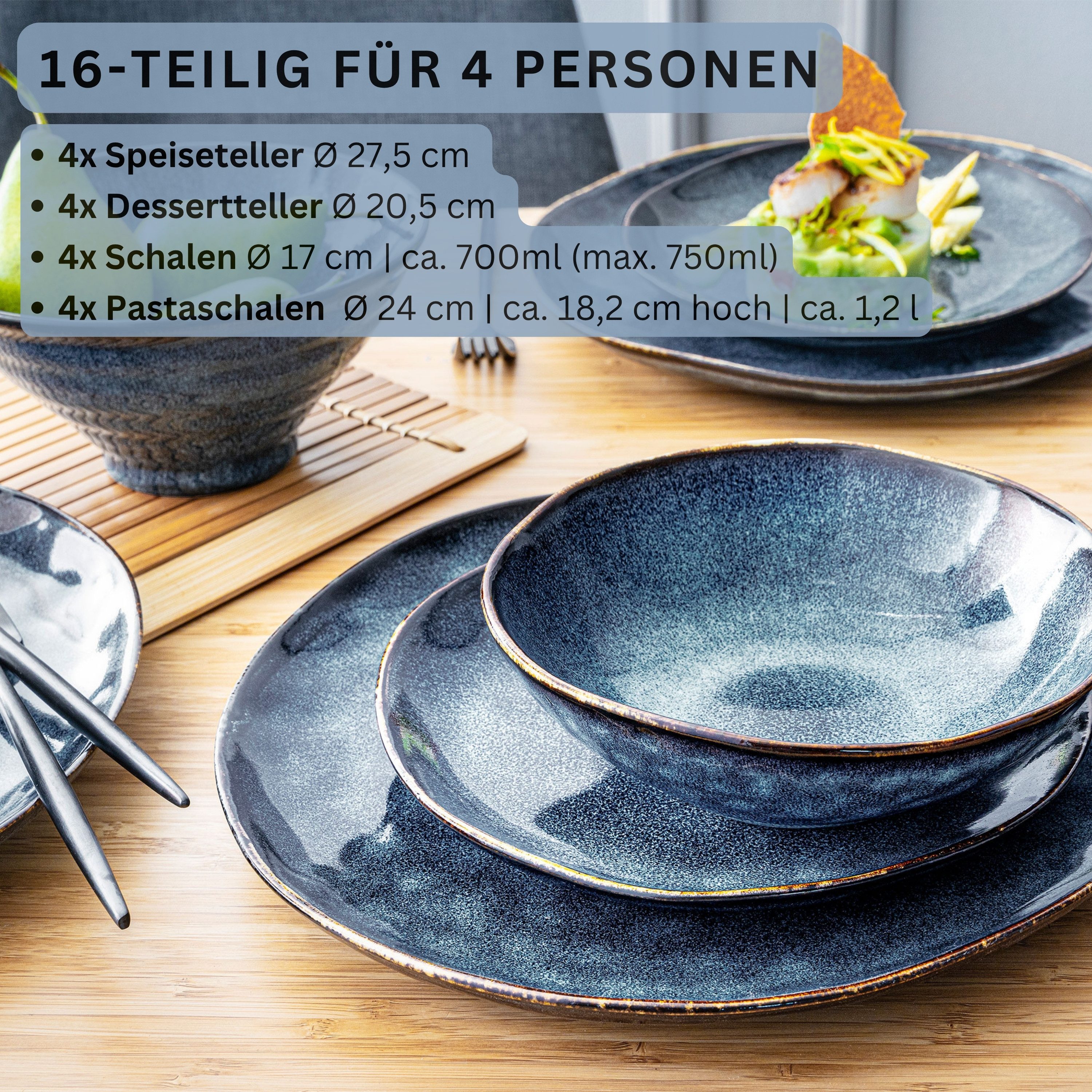SÄNGER Tafelservice Tokio Geschirrset (16-tlg), 4 Personen, Steingut, Blau Schwarz, Handmade, Premium Collection – Bild 2 von 5