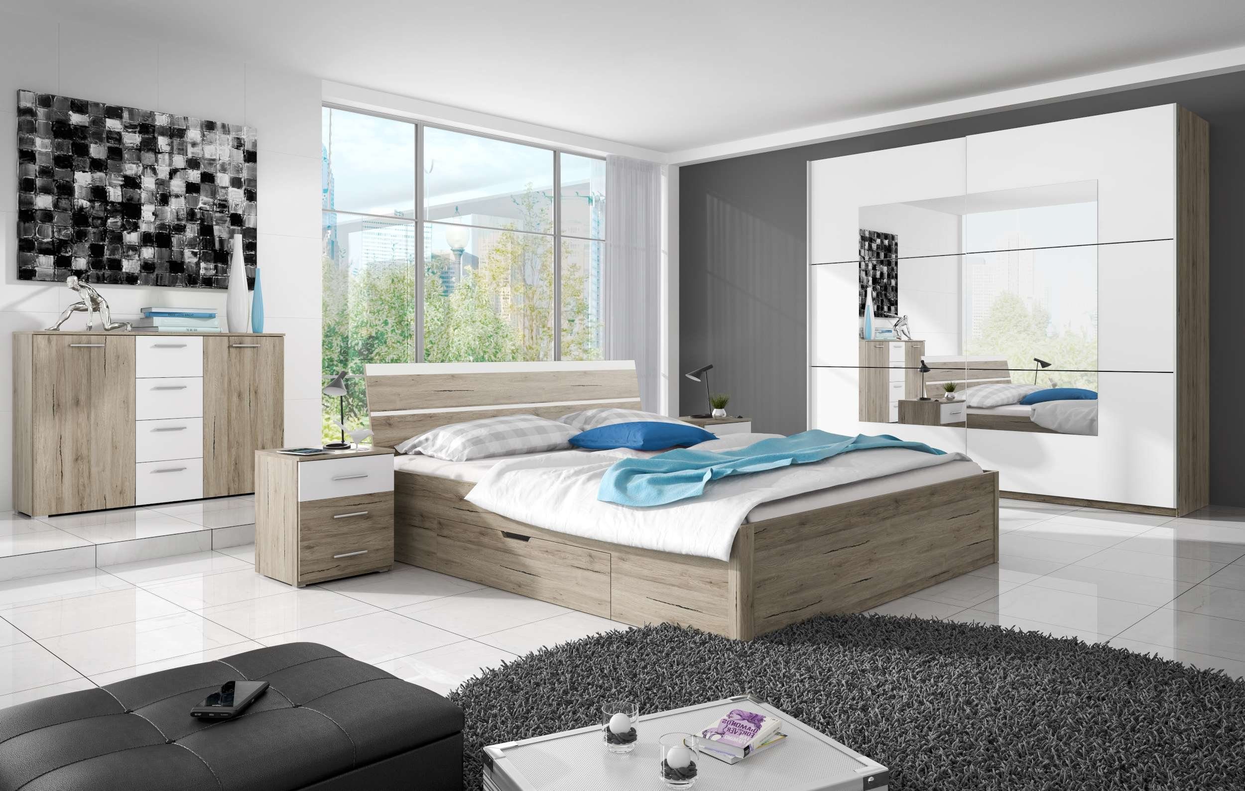 99rooms Schlafzimmer-Set Era Sanremo Eiche Weiß, (Set (4-St), Komplett Schlafzimmer), 1xSchwebetürenschrank, 1xNachttisch, 1xDoppelbett und 1xKommode