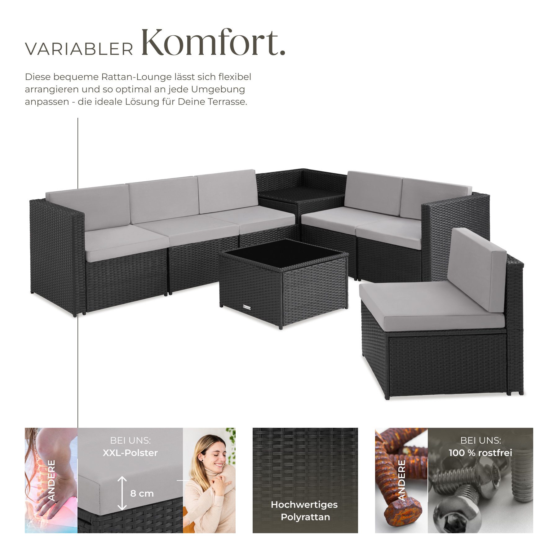 tectake Loungeset Rattan Lounge für 6 Personen, mit Sicherheitsglasplatte, (Sitzgruppe Verona, 8-tlg., in schwarz), widerstandsfähig, große Aufbewahrungsbox, Dicke der Polster 8 cm