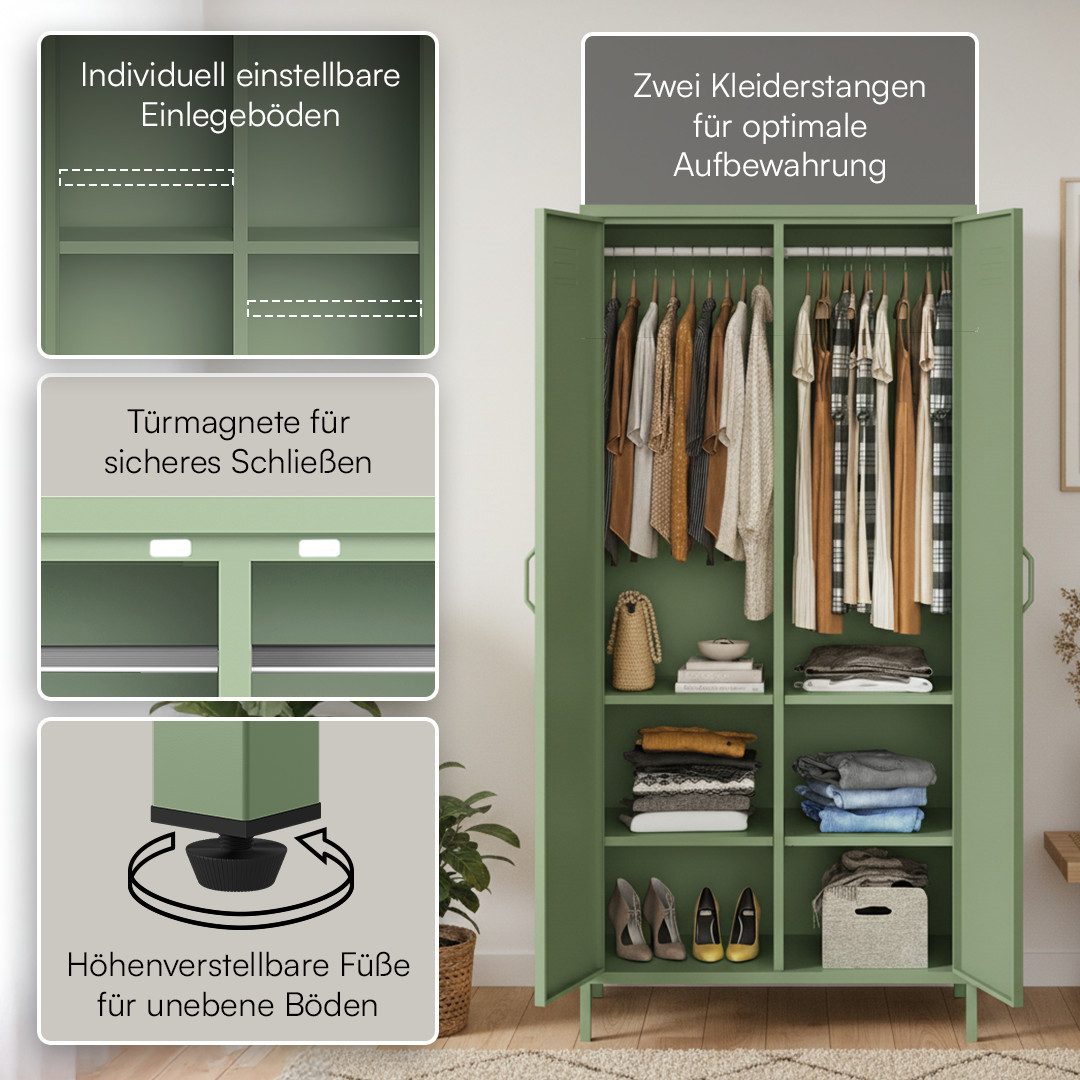 skølm Kleiderschrank Atria aus Metall (Mintgrün) Metallschrank mit 6 Fächern & 2 Kleiderstangen, 170x45x80 cm (HxTxB)