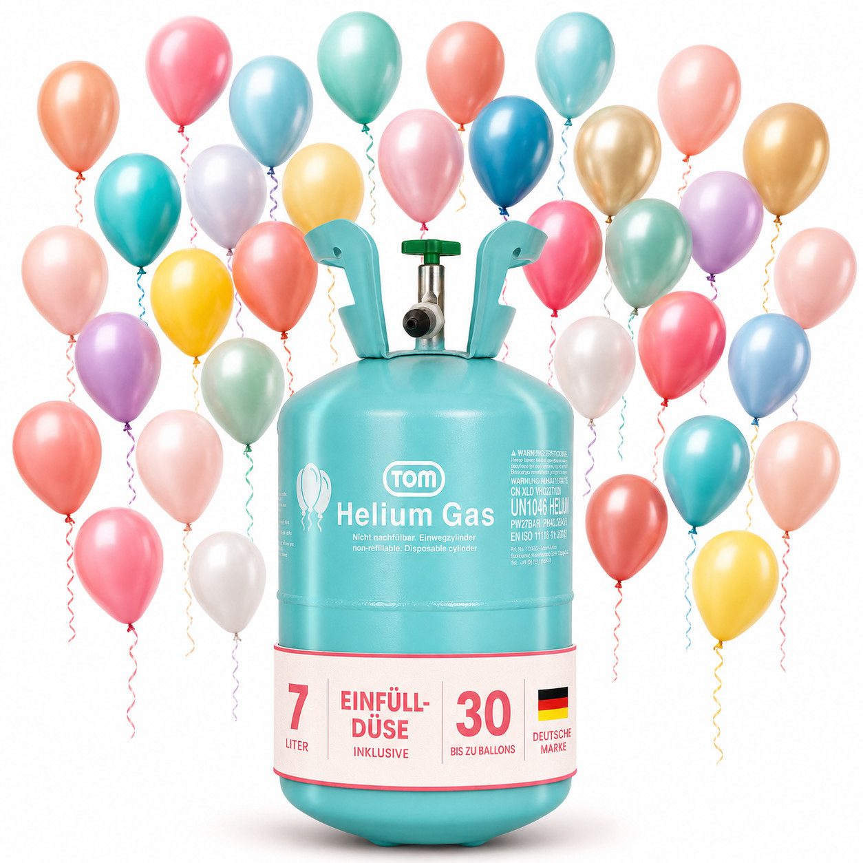 TOM Helium Ballongas Heliumgas für bis ca. 30 Ballons Luftballons, Einfalldüse, 7 Liter, Fülldruck 40 bar bei 15 °C