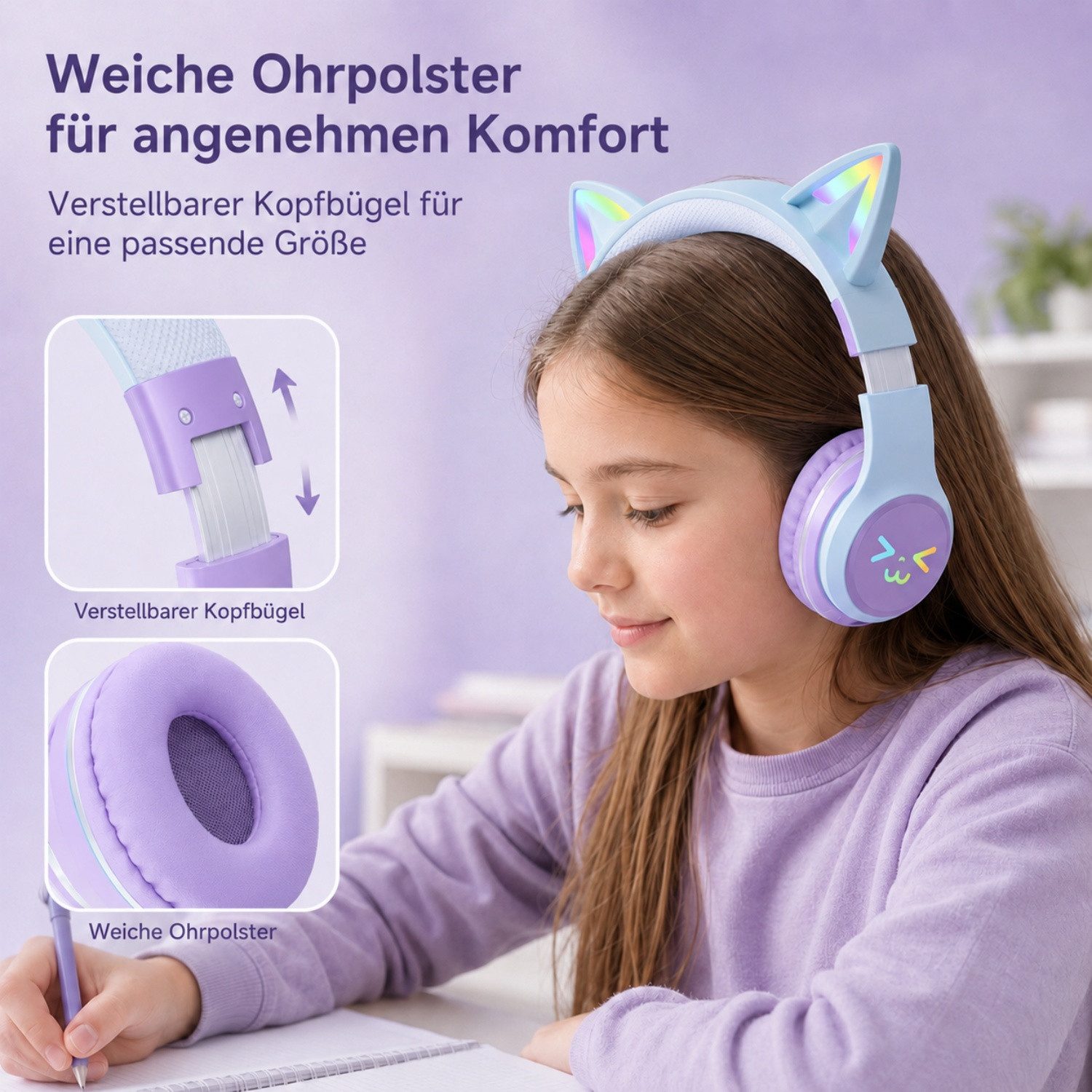 ANYSUN Bluetooth Kopfhörer,RGB-LED-Leuchten,Bluetooth 5.1,HiFi Sound, Over-Ear-Kopfhörer (Bluetooth, 60dB Rauschunterdrückung,Einstellbar,Kopfhörer Bluetooth für Reise)