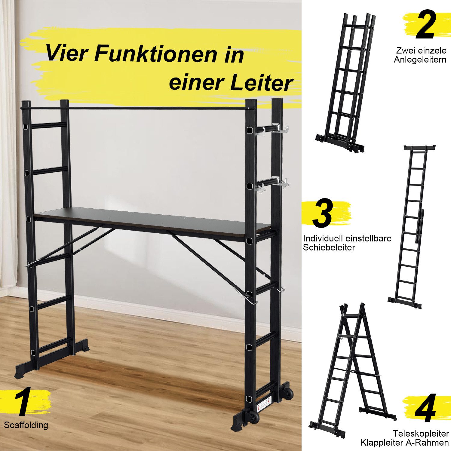 Clanmacy Arbeitsgerüst Alu Arbeitsgerüst Schwarz 2x6 Stufen Mehrzweckleiter klappbar 150 kg – Bild 4 von 5