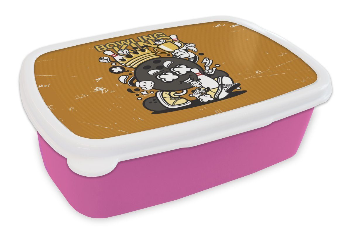 MuchoWow Lunchbox Vintage - Bowling - König, Kunststoff, (2-tlg), Brotbox für Erwachsene, Brotdose Kinder, Snackbox, Mädchen, Kunststoff rosa
