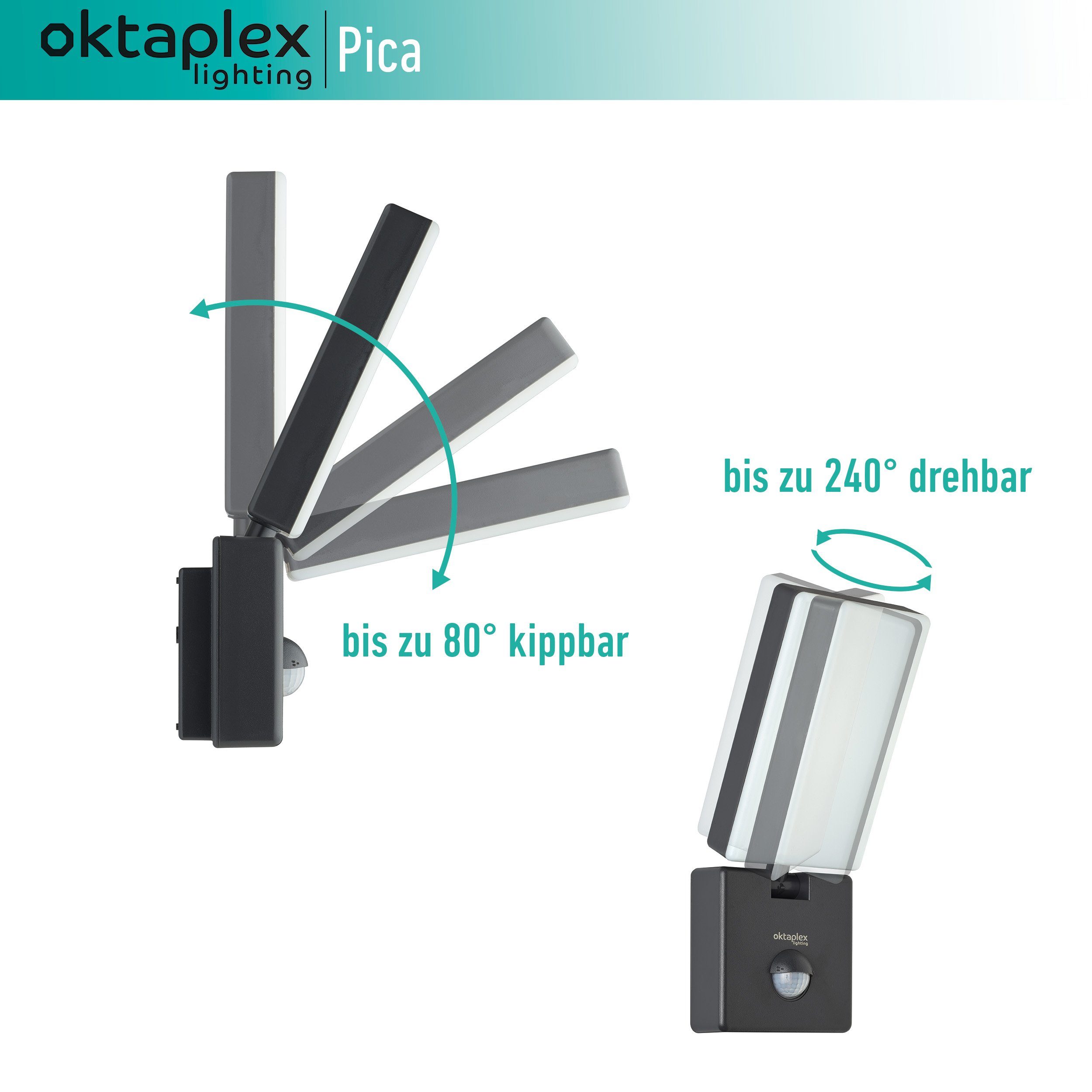 LED Warmweiß, lighting IP65 anthrazit flexible Außenlampe integriert, LED Außen-Wandleuchte Bewegungsmelder, 800lm Pica, 10W Oktaplex fest Leuchte