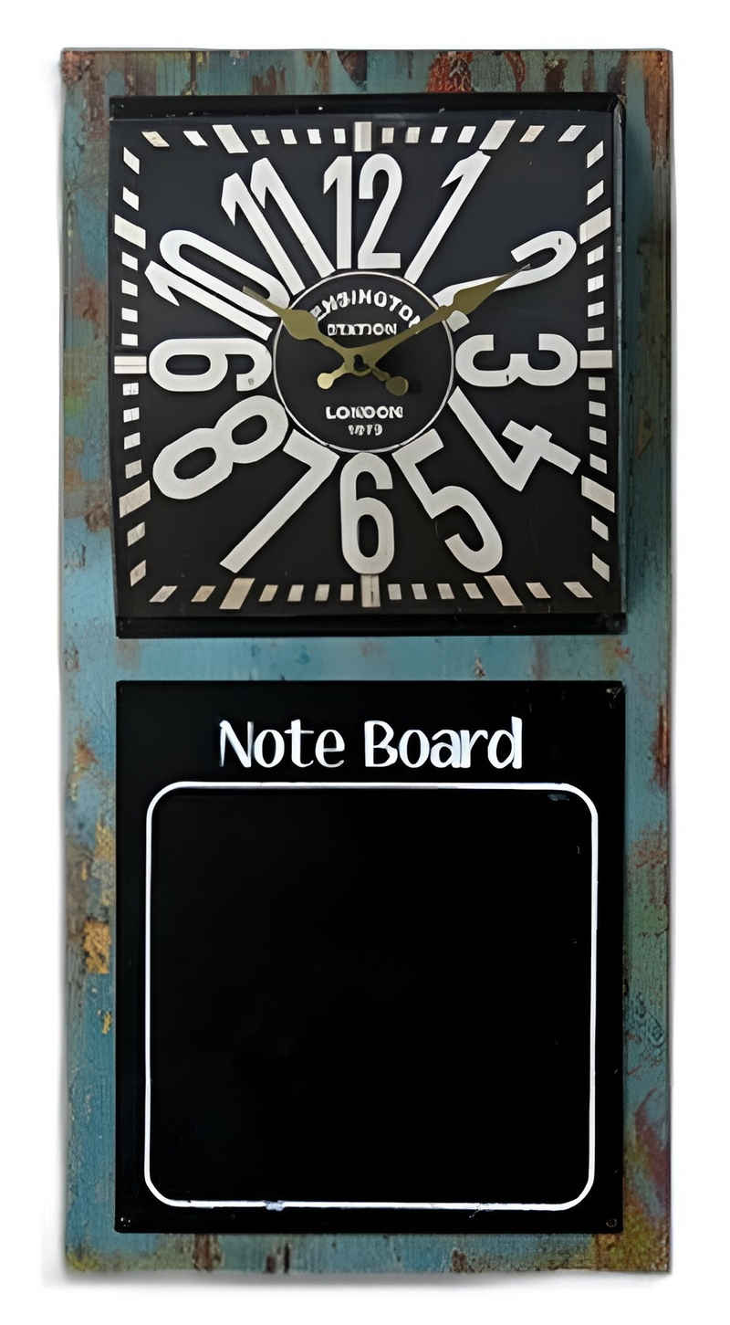 Dekoleidenschaft Wanduhr "Note Board" 60x30 cm mit Keidetafel im Industrie Design, Retro Uhr (Vintage Küchenuhr mit Notiztafel, große Ziffern, Memoboard, Memotafel)