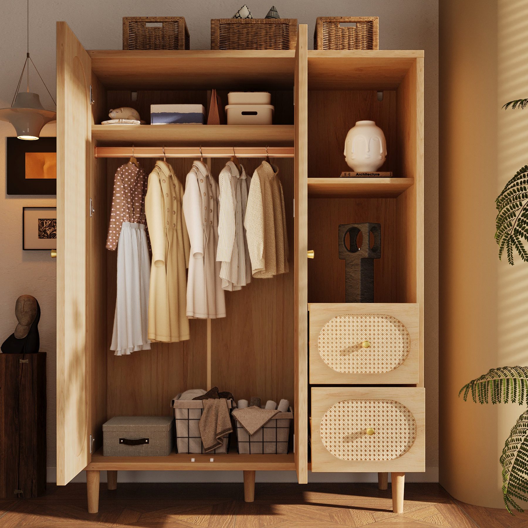 Odikalo Kleiderschrank Kleiderständer mit Regal Stauraum und Schubladen (Landhausstil Eiche 161x120x44 Holz 2 Türen 2 Schubladen offene Regale mit Kleiderstange ideal für Schlafzimmer und Flur einfache Montage zeitloser Design)