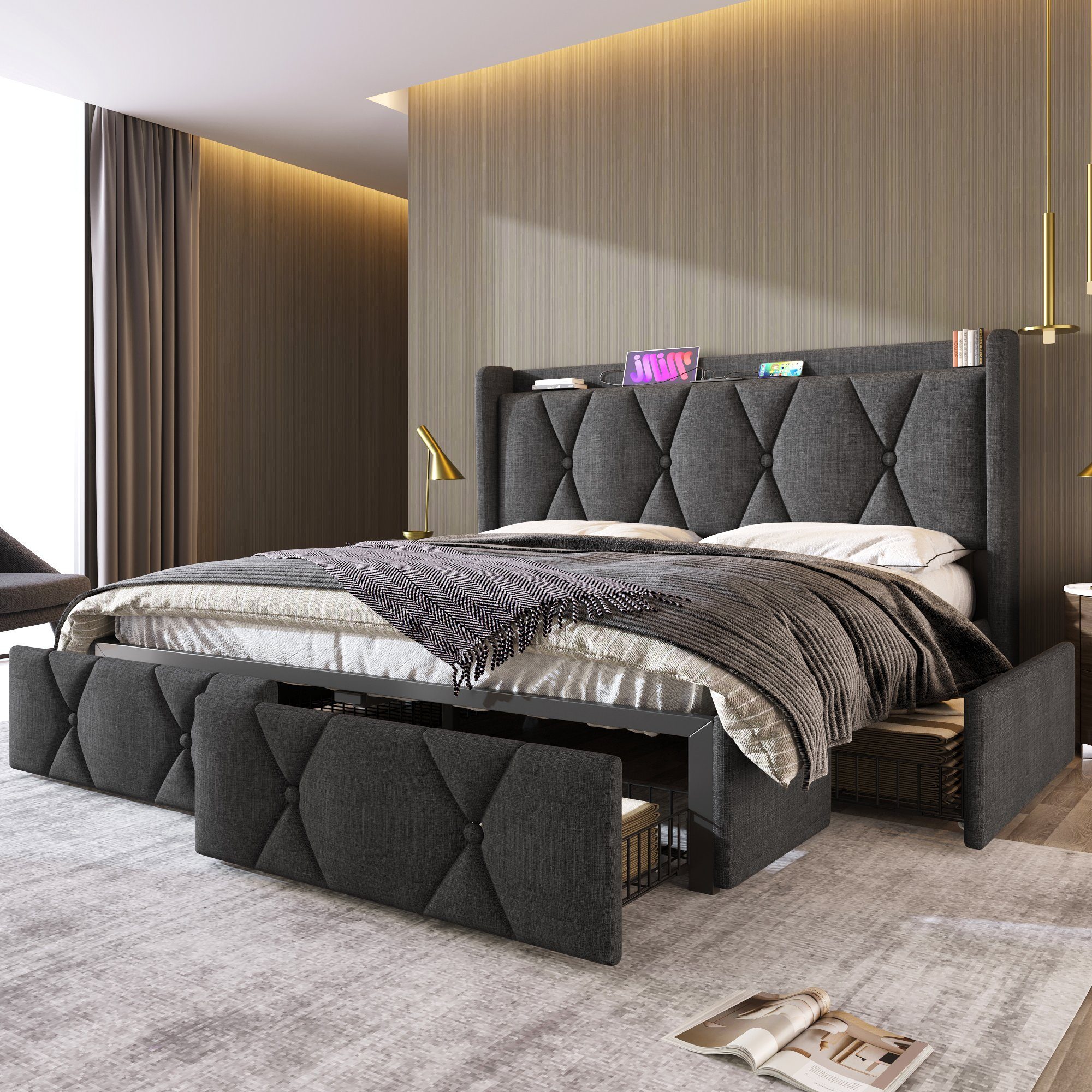 Polsterbett (Doppelbett Stauraumbett 140x200cm mit Lattenrost), mit Steckdose & USB Ladefunktion Kopfteil und 4 Schubladen, Leinen