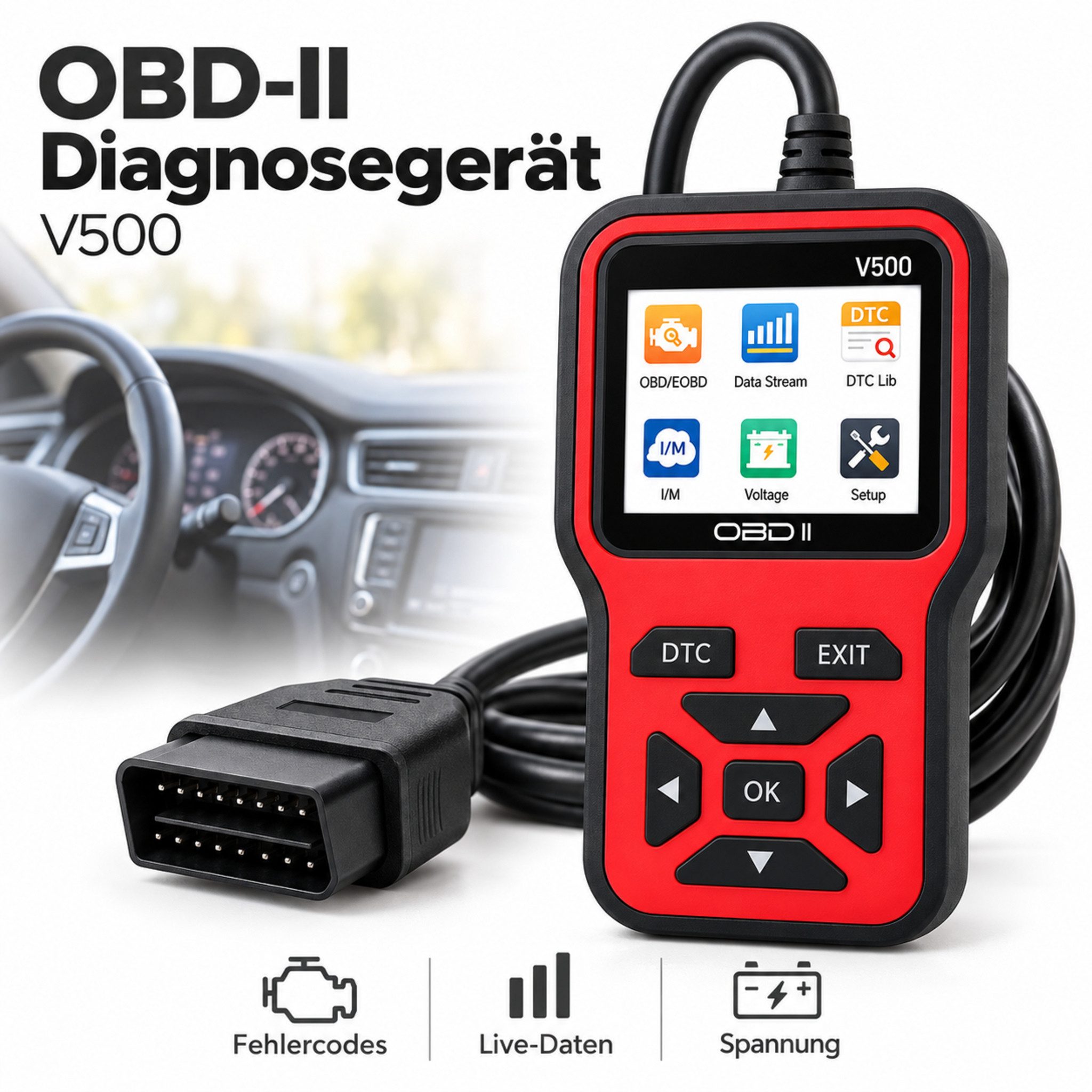 HS.SUPPLY OBD2-Diagnosegerät OBD2 Scanner mit Farbdisplay, Fehlercodes lesen & löschen, Live-Daten, mit DTC-Bibliothek & Spannungsanzeige