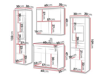 MIRJAN24 Badmöbel-Set Madrit II, (5er-Set, Waschbeckenschrank, 2x Hochschrank, Spiegelschrank, Waschbecken), Modernes Badezimmer, Komplett