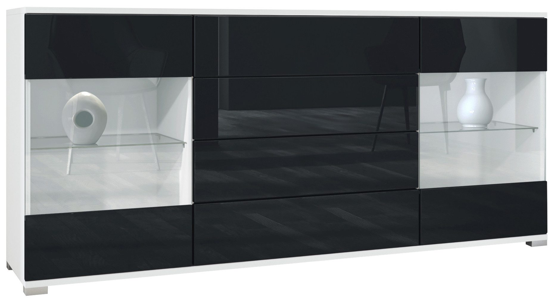 Vladon Sideboard Bari V2 (Kommode mit 2 Türen, 4 Schubladen und 2 flexible Glaseinlegeböden), Weiß matt/Schwarz Hochglanz (166,5 x 75,5 x 35)