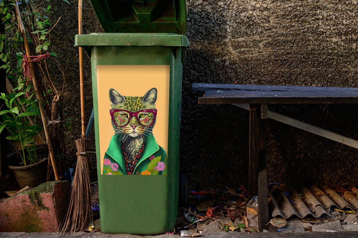 MuchoWow Wandsticker Tiere - Mülltonne, St), Mülleimer-aufkleber, Sticker, Brille Hippie - Container, - - Katze Abfalbehälter Blumen (1