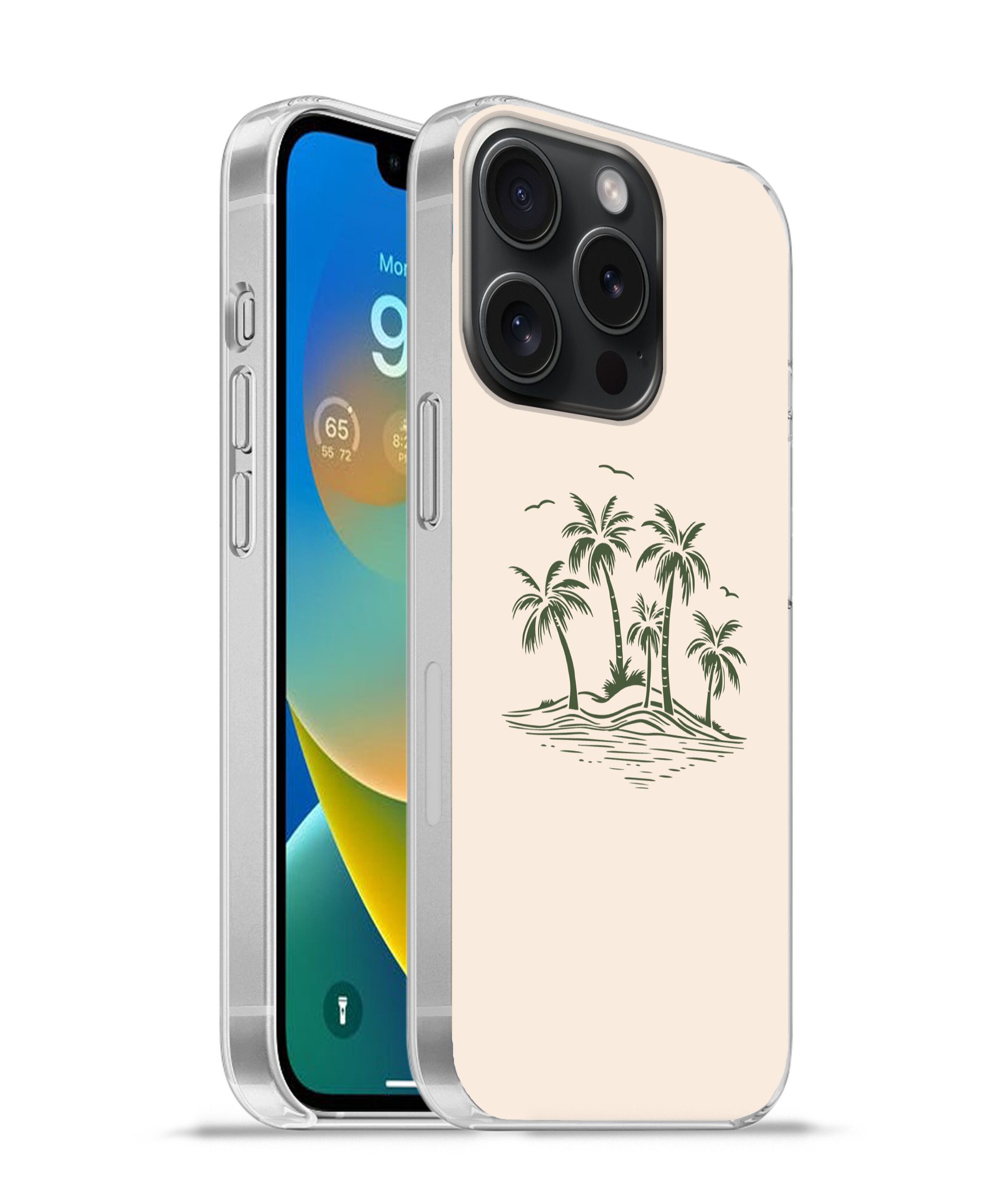 MuchoWow Handyhülle für Apple iPhone 15 Pro Palmen - Strand - Beige - Grün - Tropisch, Smartphone-Bumper, Print, Handy Schutzhülle Dünn