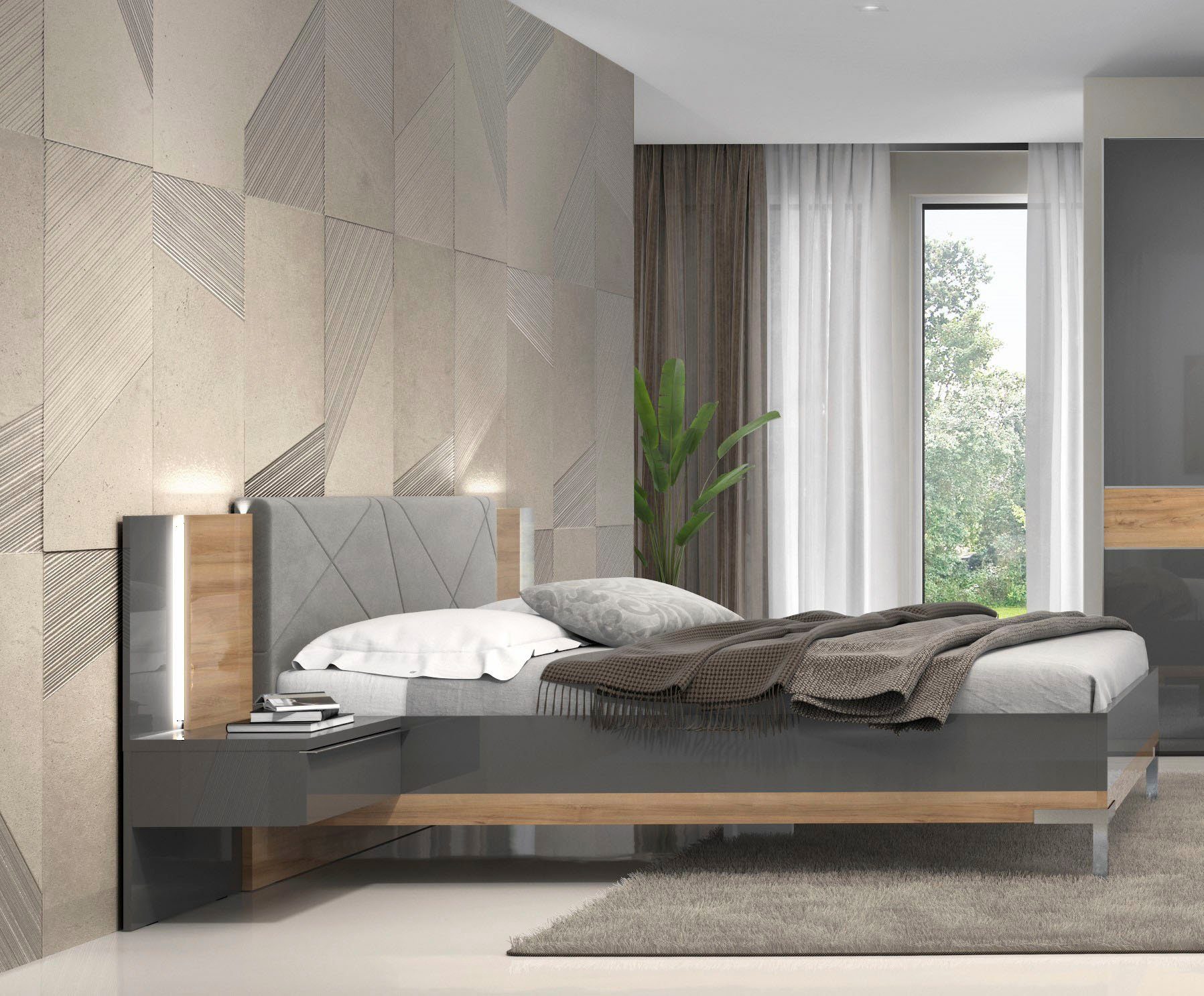 OTTO home Bettgestell Onyx, FSC-zertifiziert, hochwertige UV Lackierung Hochglanz anthrazit (mit Metallfüßen), mit gepolstertem Kopfteil, Liegefläche 160x200 cm