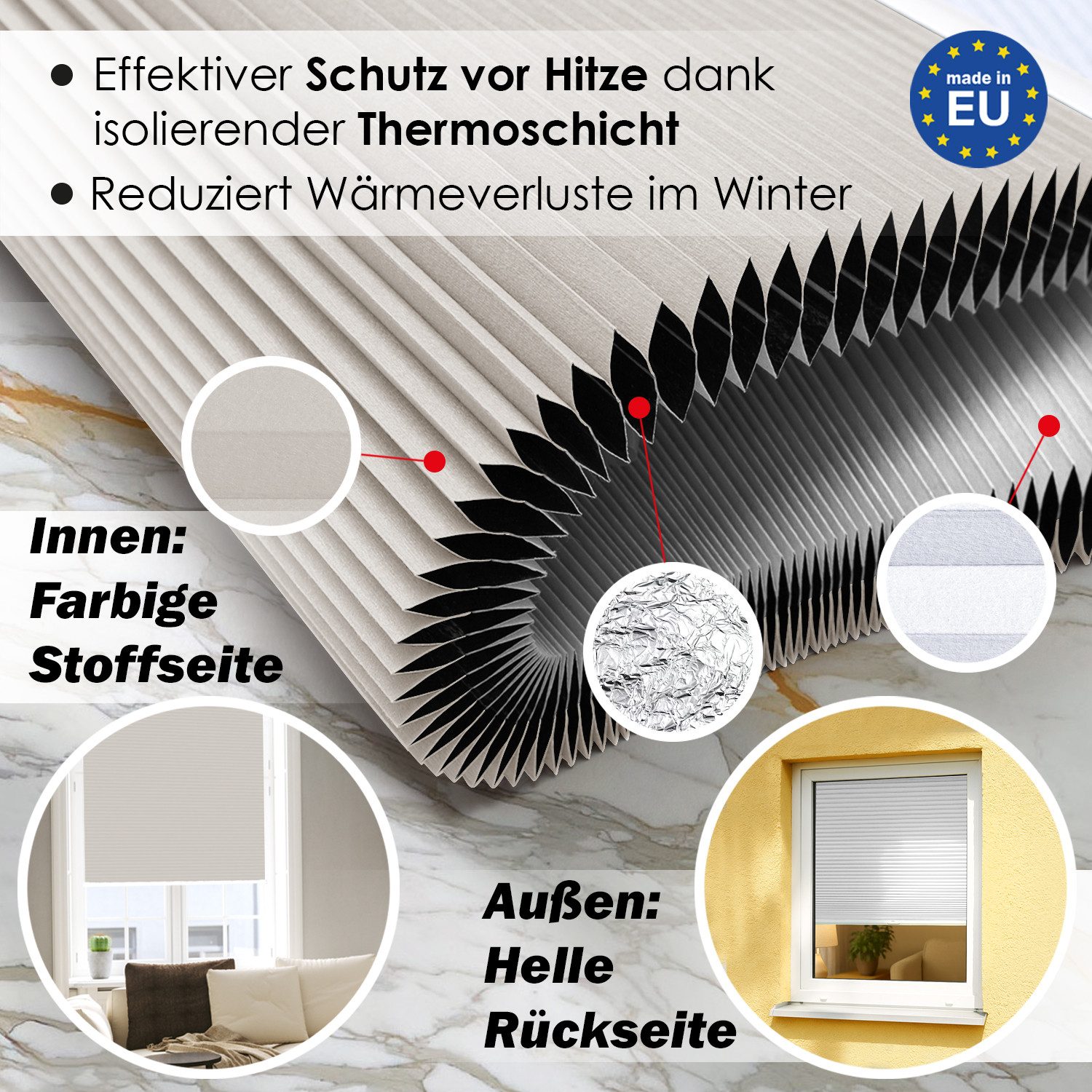 DomDeco Wabenplissee Thermo Plissee ohne Bohren - Hitzeschutz, Verdunkelung, verspannt, abdunkelnd, Klemmfix, stufenlos, kälteschutz, modernes Fensterplissee – Bild 2 von 5